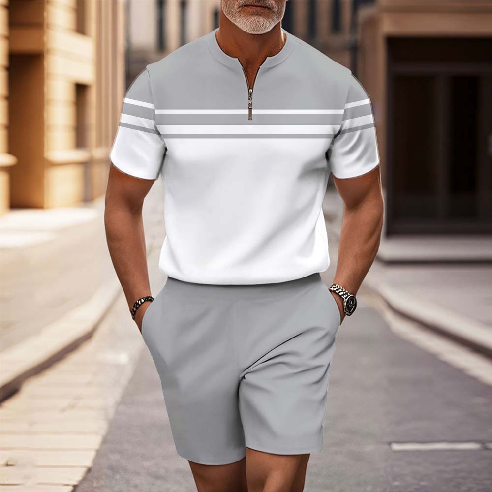 Men's Fashion Casual Round-Neck Geometric Printed Short-Sleeved Two-Piece Set 8262