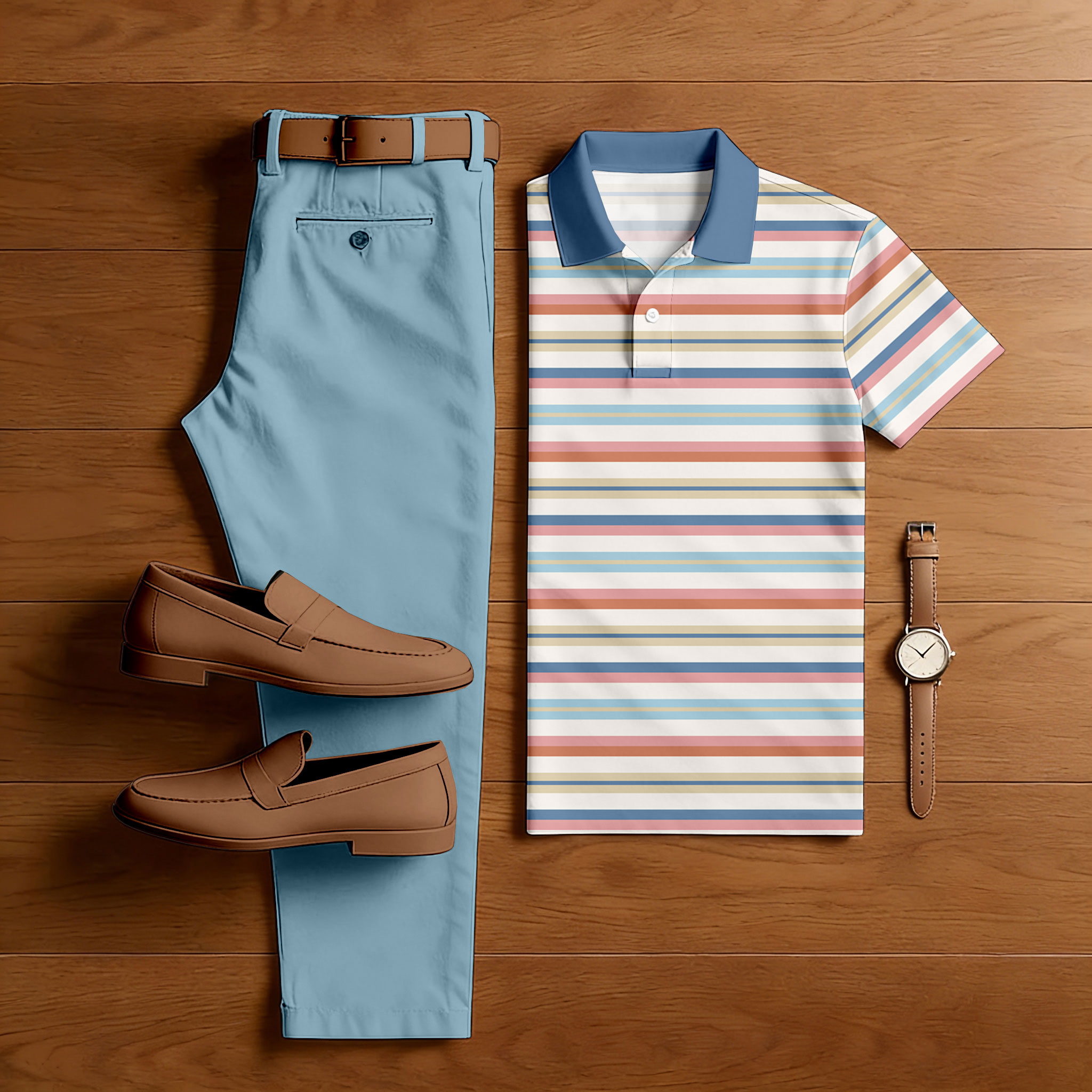 Men's Casual Blue & Multi Color Matching Striped Printed Short Sleeved Polo Shirt & Trousers Two-Piece Set