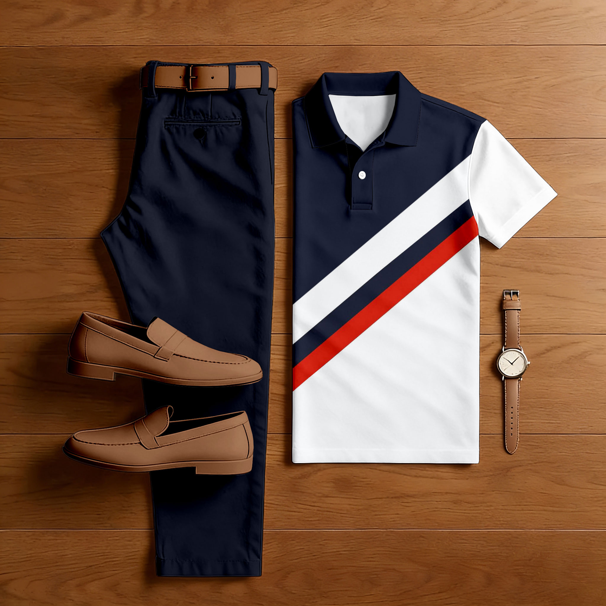 Men's Casual Navy Blue & White Color Matching Printed Short Sleeved Polo Shirt & Trousers Two-Piece Set