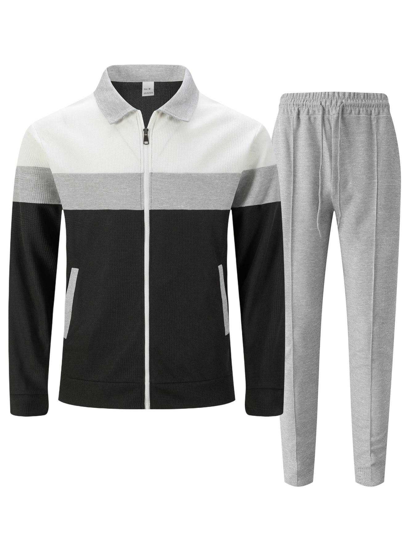 Men's Casual Color Matching Lapel-Collar Zipper Long Sleeved Jacket & Trousers Two-Piece Set