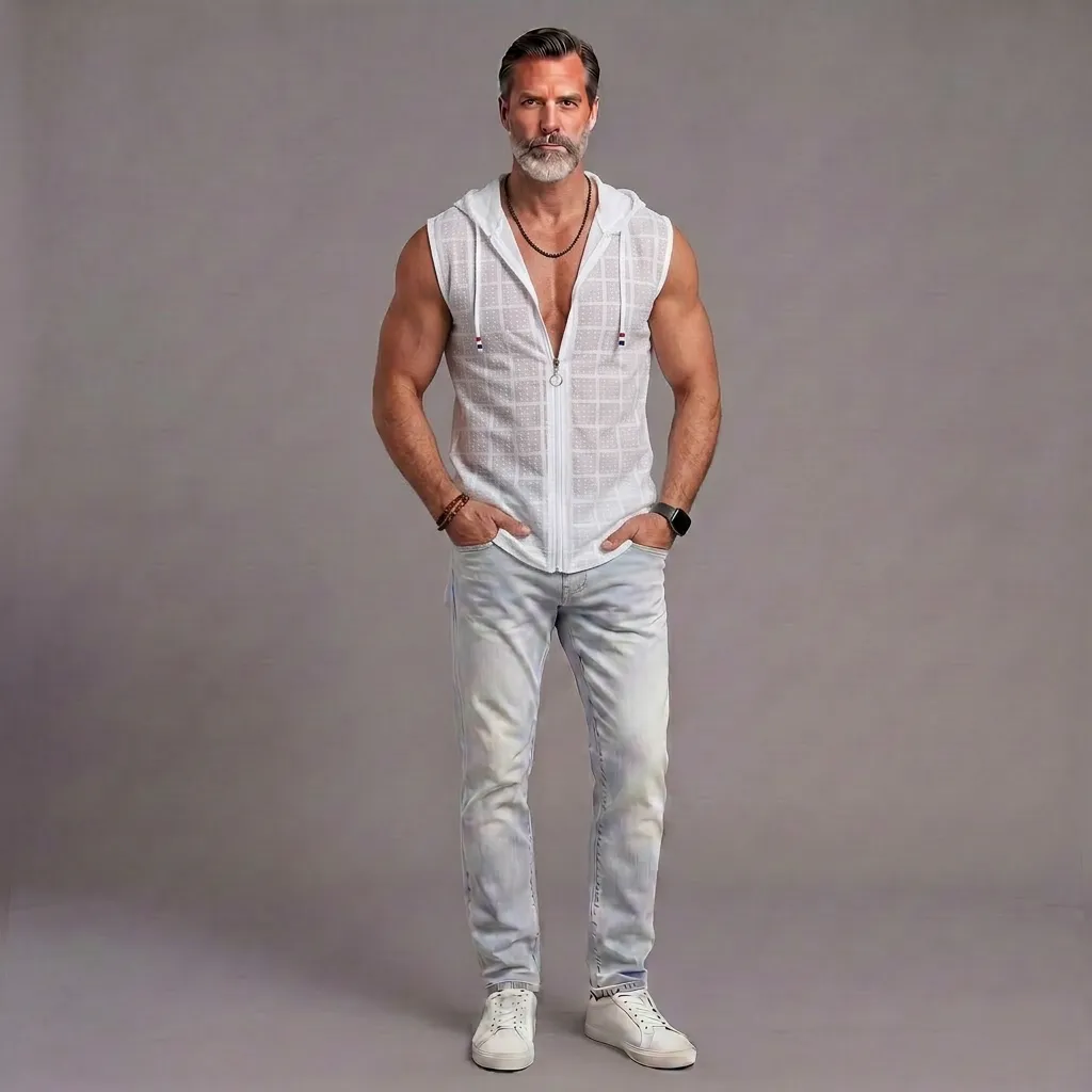 Summer Plaid Sleeveless T-Shirt For Men, Polo Collar, Loose Fit