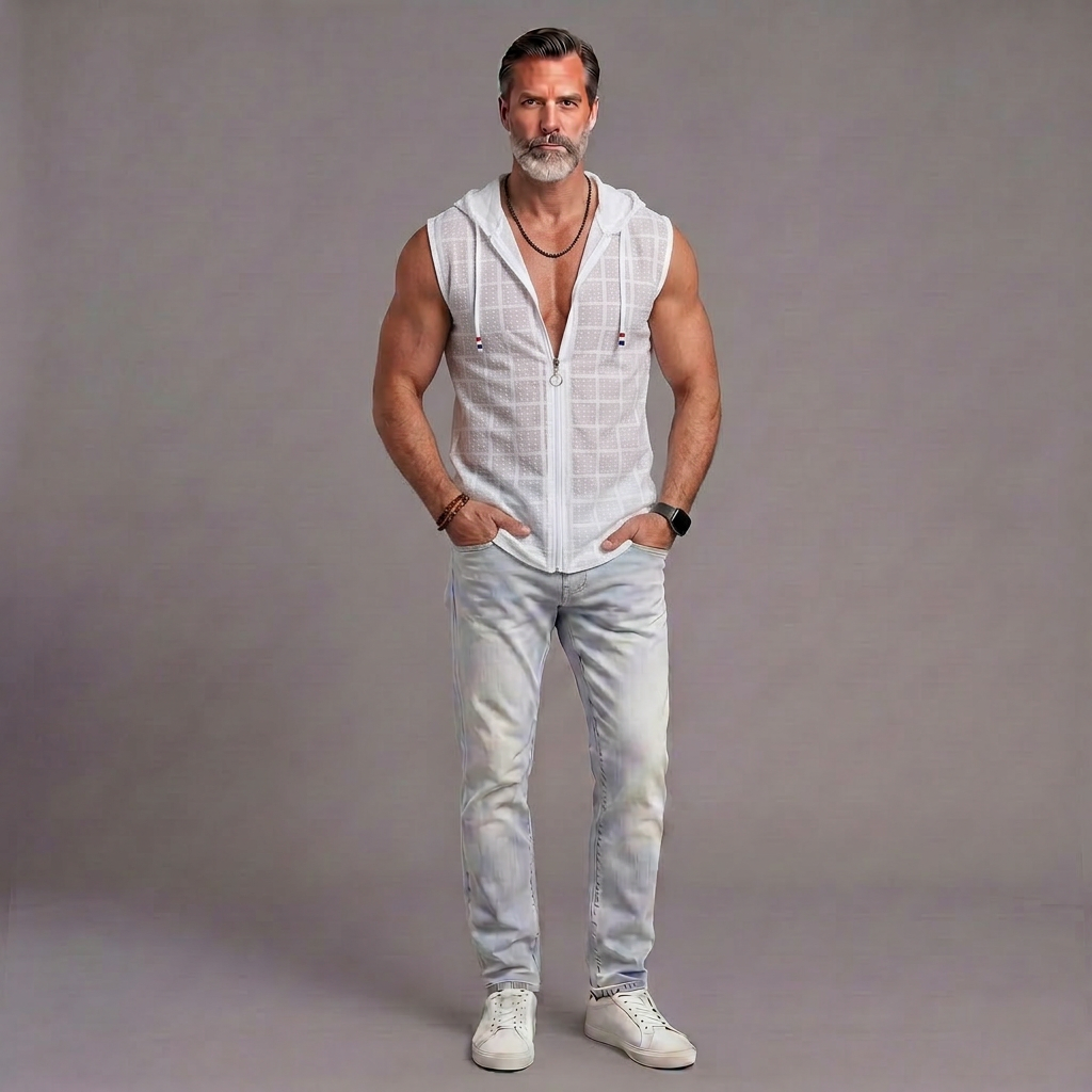 Summer Plaid Sleeveless T-Shirt For Men, Polo Collar, Loose Fit