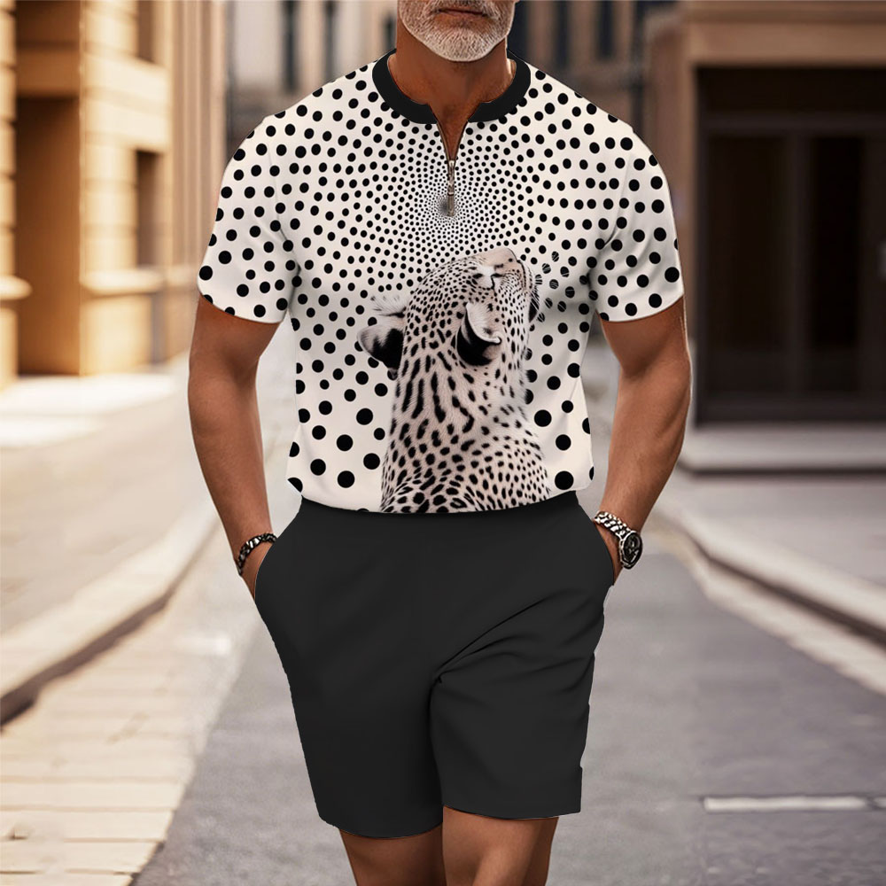 Men's Fashion Casual Round-Neck Geometric Printed Short-Sleeved Two-Piece Set