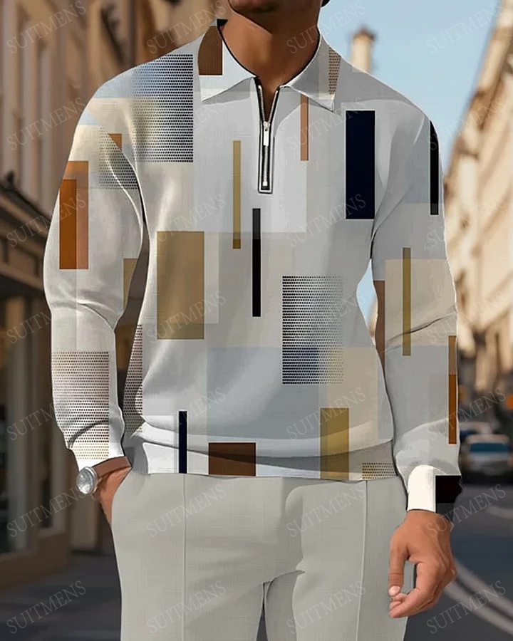 Men's Gray Geometric Stripe Print POLO Long Sleeve Trousers Two-Piece Set