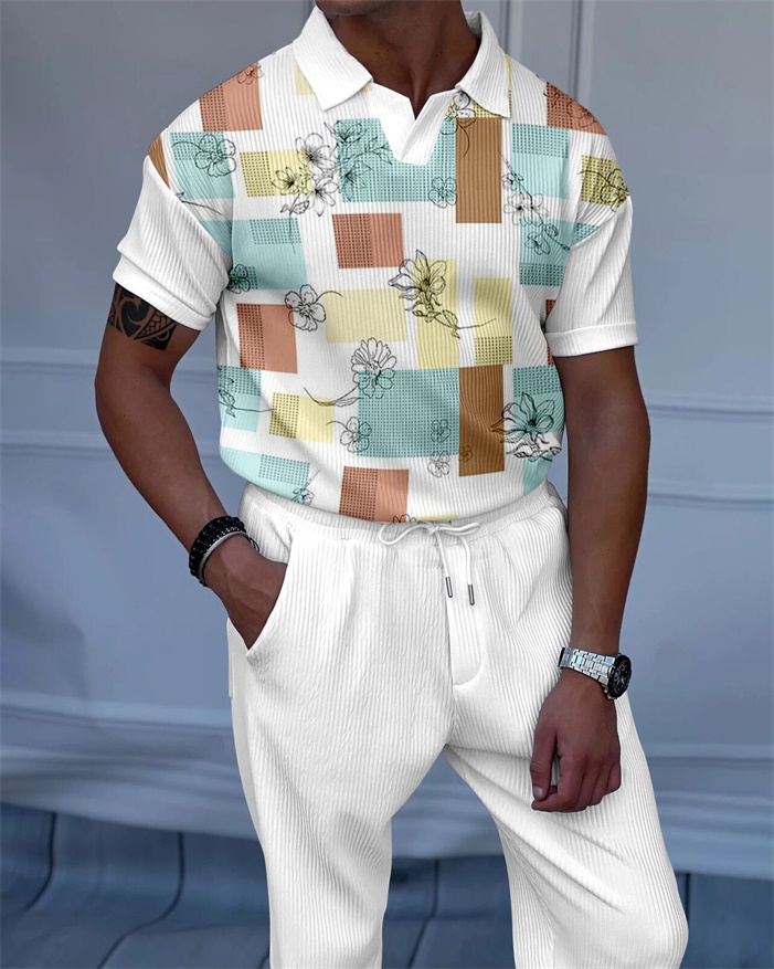 Men's Luxury Casual Textured Polo Short Sleeve Suit - 136