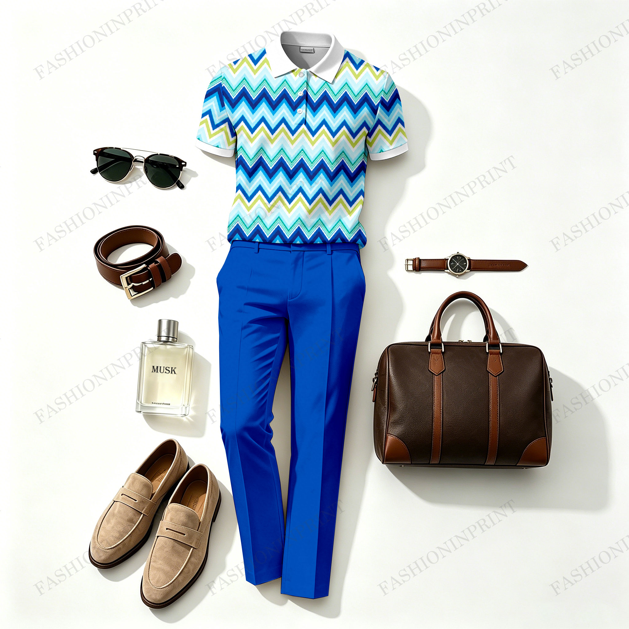 Men's Casual Wavy-Striped Printed Short-Sleeve Polo Shirt And Pants Two-Piece Set208096 (Excludes Accessories Such As Watches And Glasses)