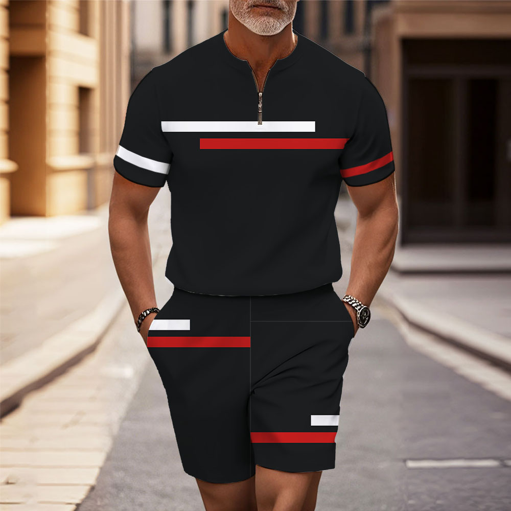 Men's Fashion Casual Round-Neck Geometric Printed Short-Sleeved Two-Piece Set