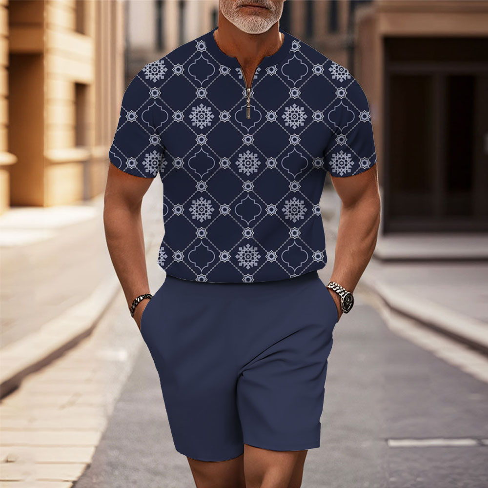 Men's Fashion Casual Round-Neck Geometric Printed Short-Sleeved Two-Piece Set