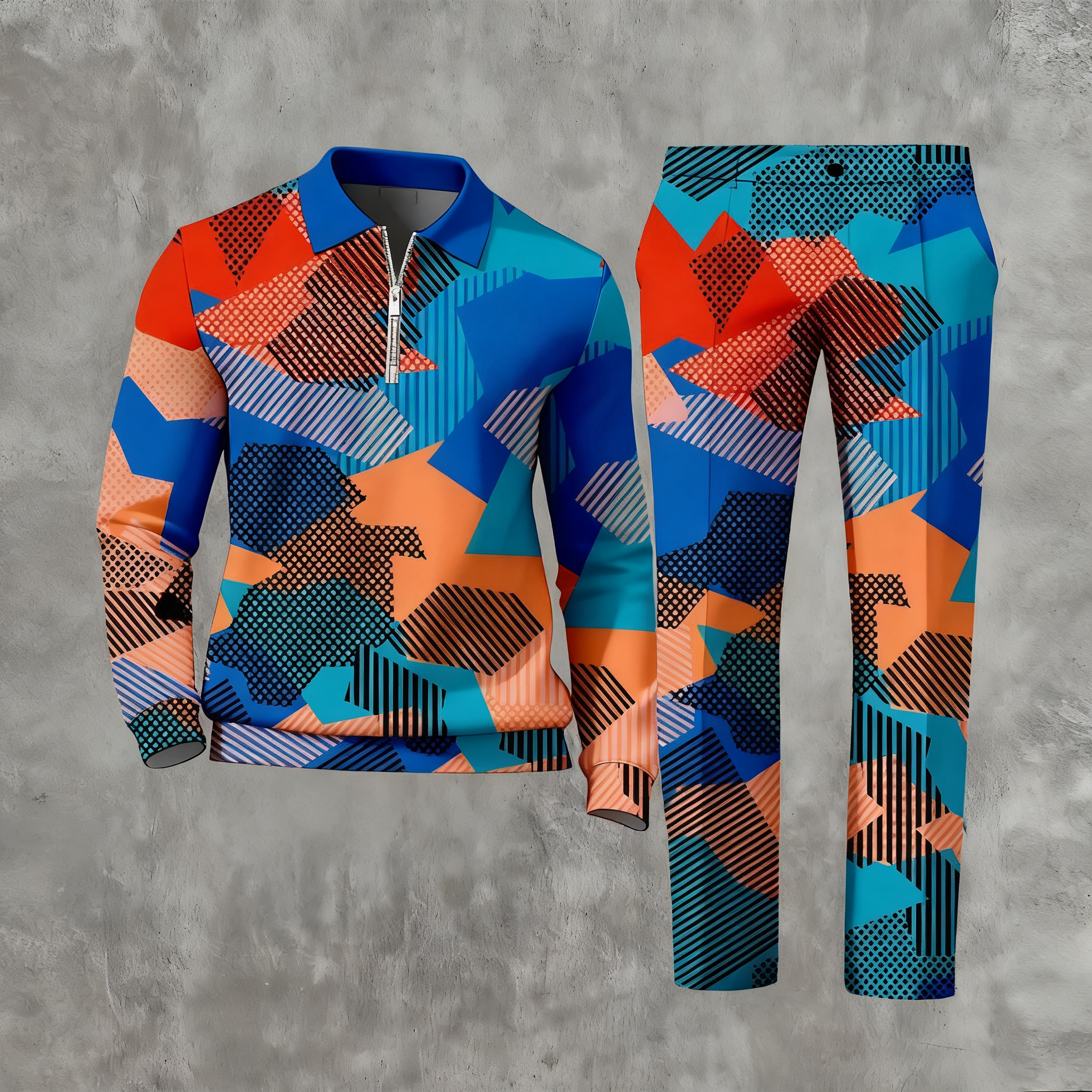 Men's Casual Color Matching Printed Polo-Collar Zipper Long Sleeved Trousers Two-Piece Set