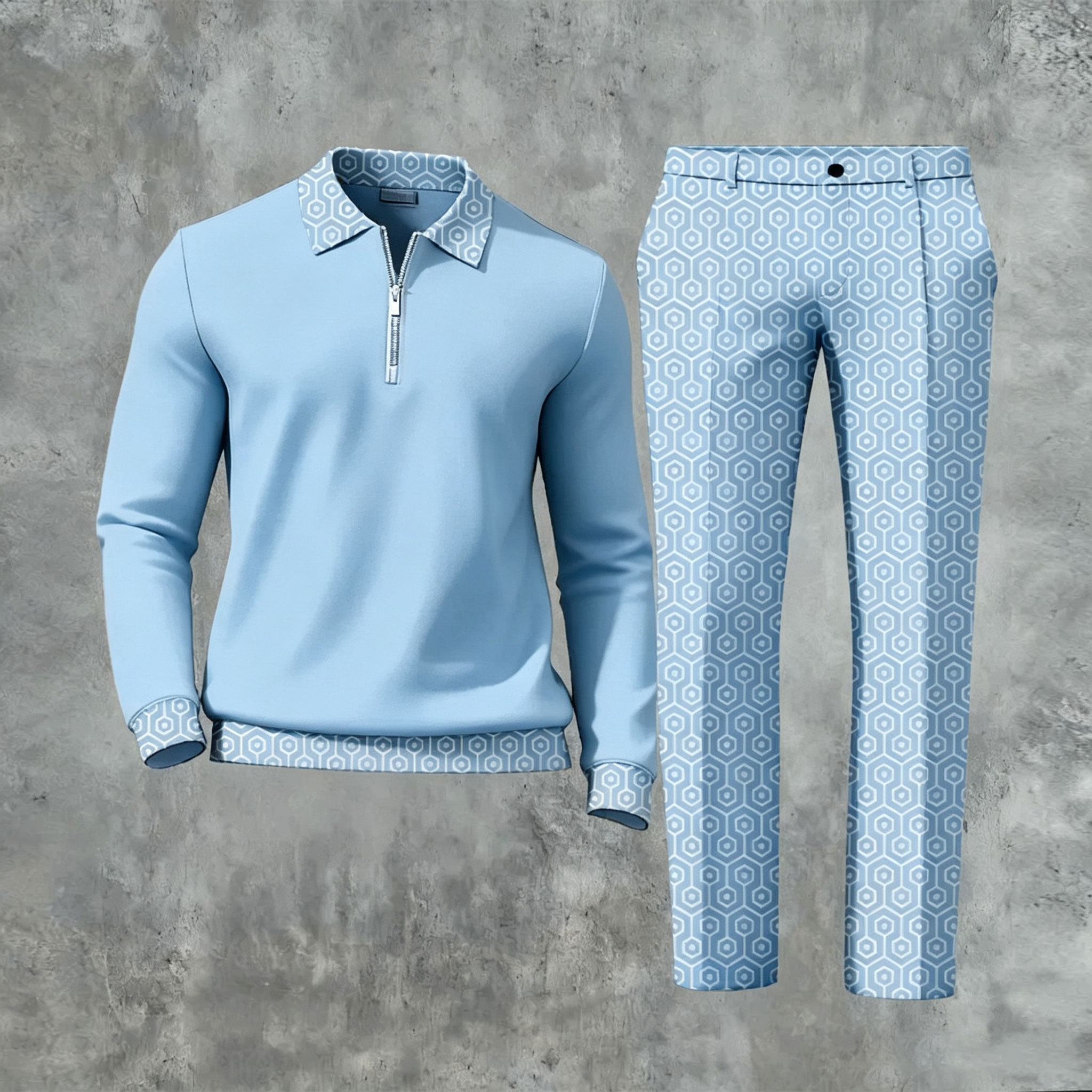 Men's Casual Color Matching Printed Polo-Collar Zipper Long Sleeved Trousers Two-Piece Set 1120