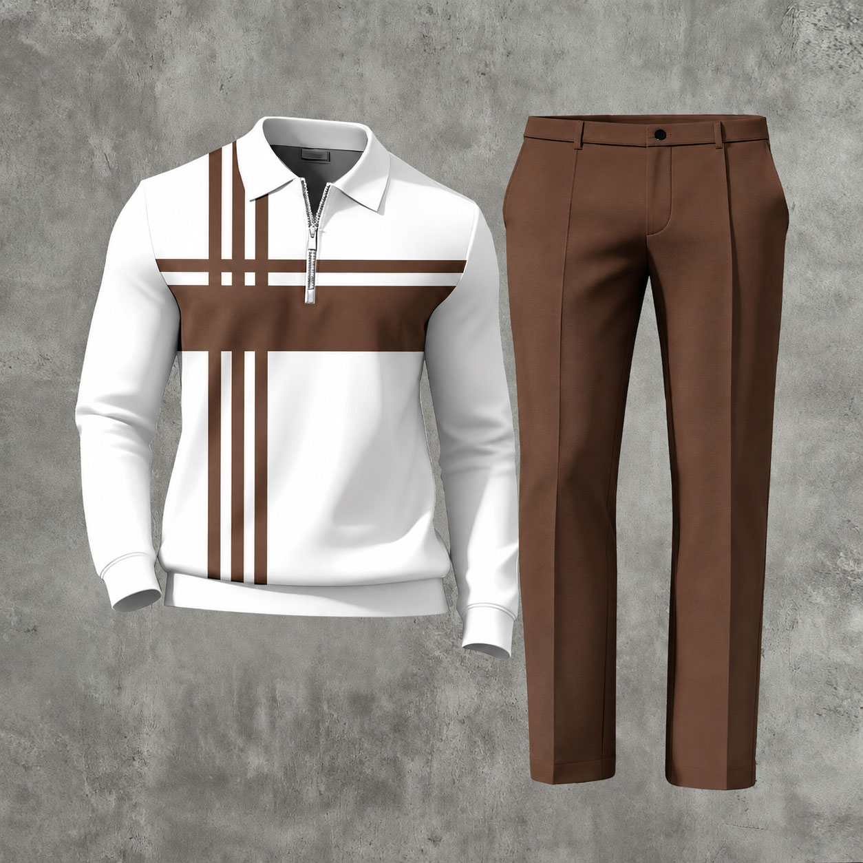Men's Casual Maroon & White Color Matching Striped Printed Polo-Collar Zipper Long Sleeved Trousers Two-Piece Set