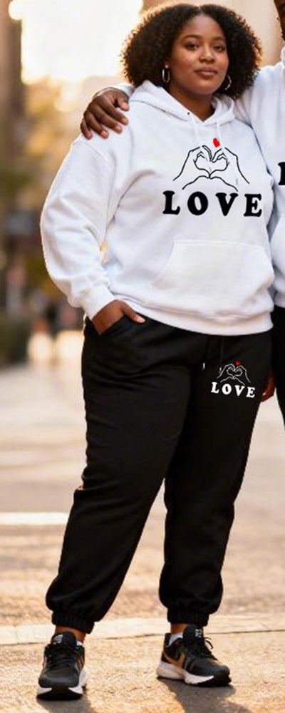 Big & Tall Couples Heart-to-Heart Gesture LOVE Printed Hoodie Set