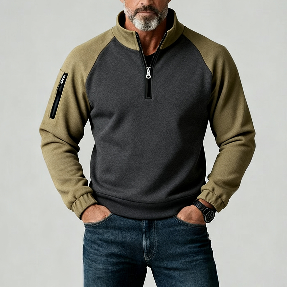 Men's Double-Faced Fleece Pullover With Contrasting Color Zipper Sweatshirt