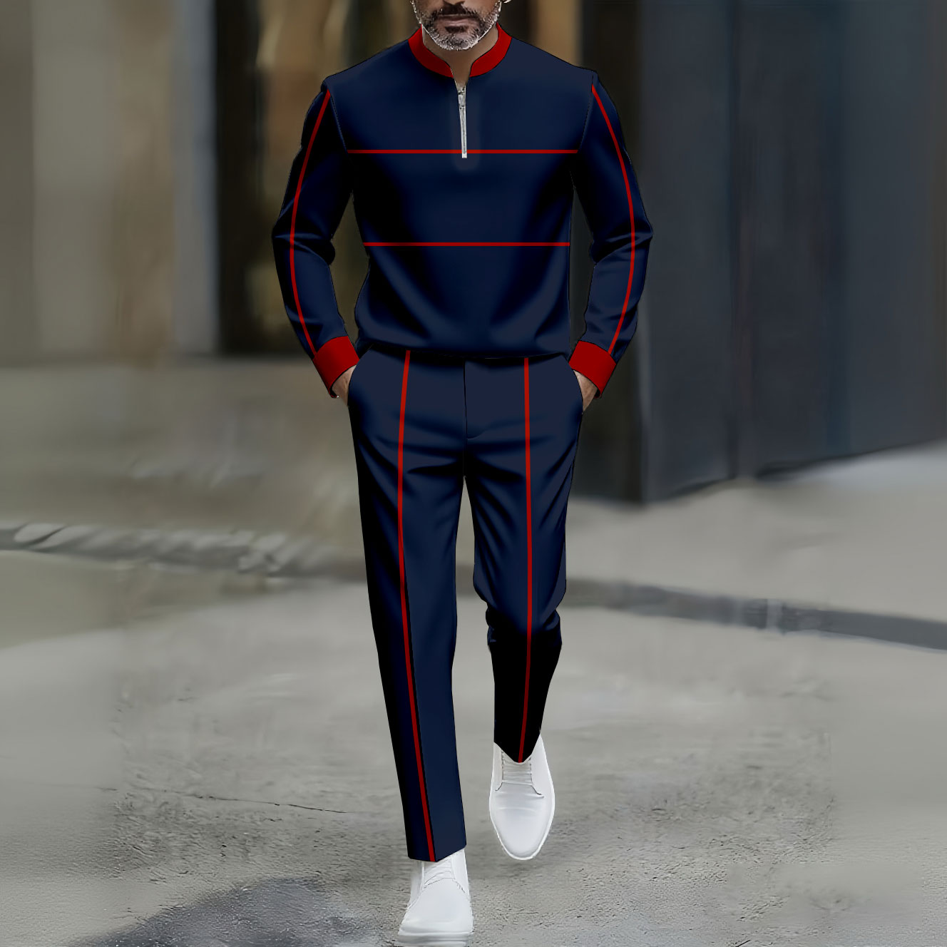 Men's Casual Color Matching Plaid Printed Round-Neck Zipper Long Sleeved Trousers Navy Blue Two-Piece Set