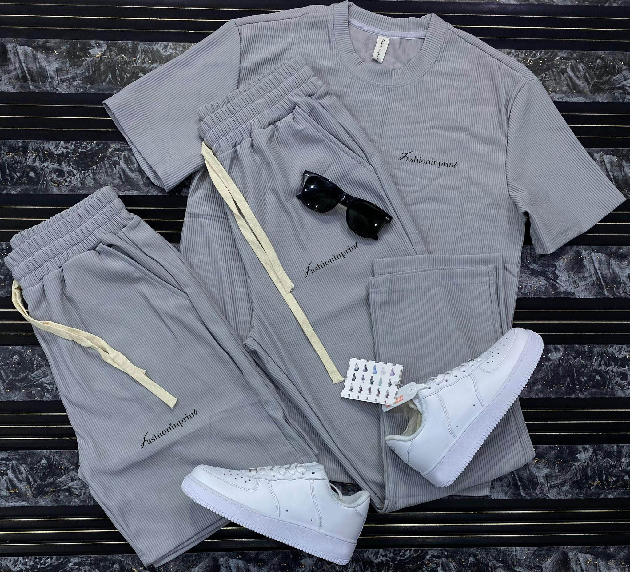 Men's Casual Solid Color Striped Short Sleeves Gray T-Shirt & Shorts And Pants Three Piece Set