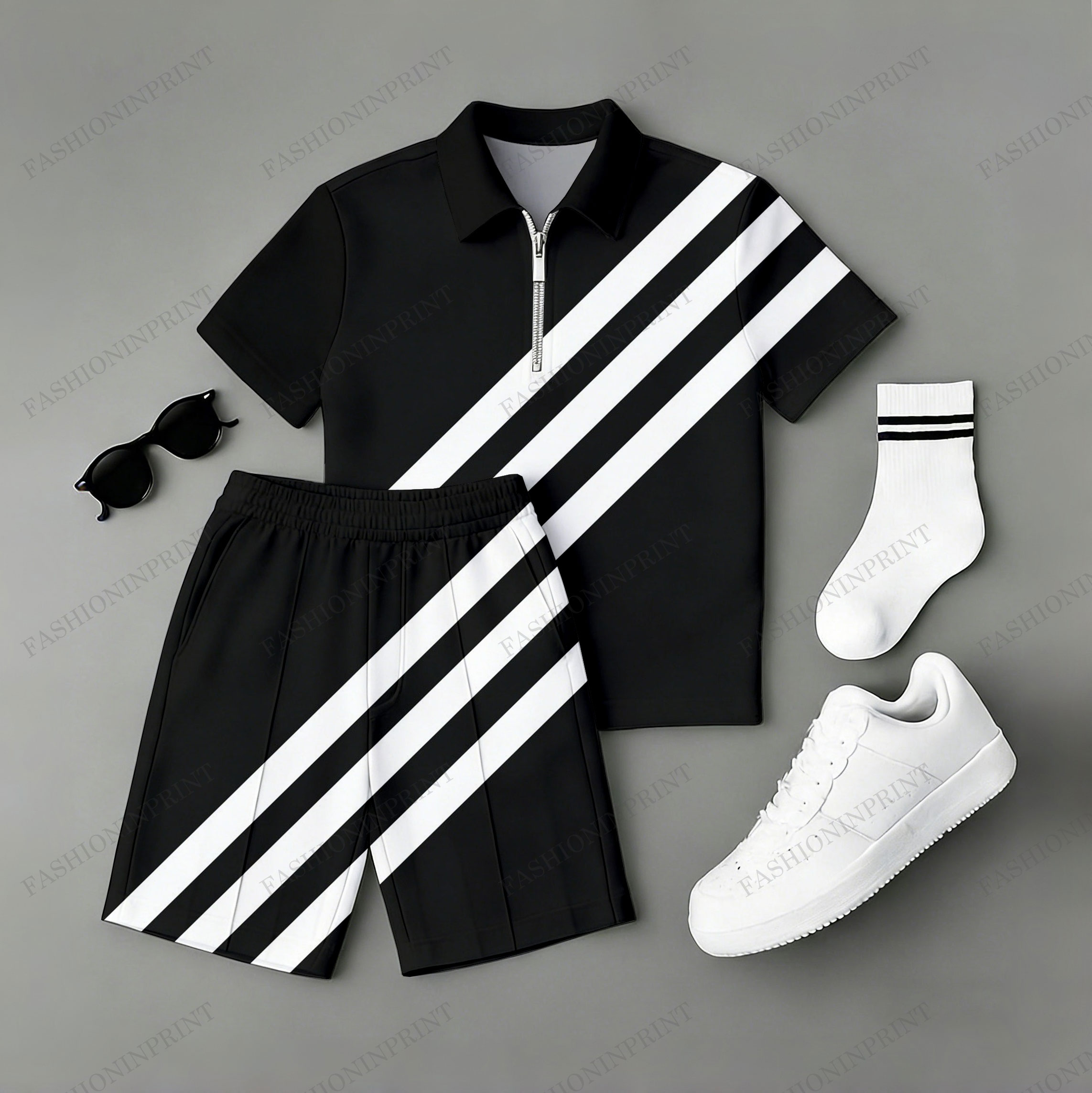 Men's Casual Color Matching Striped Printed Short Sleeved Polo Shirt & Shorts Two-Piece Set