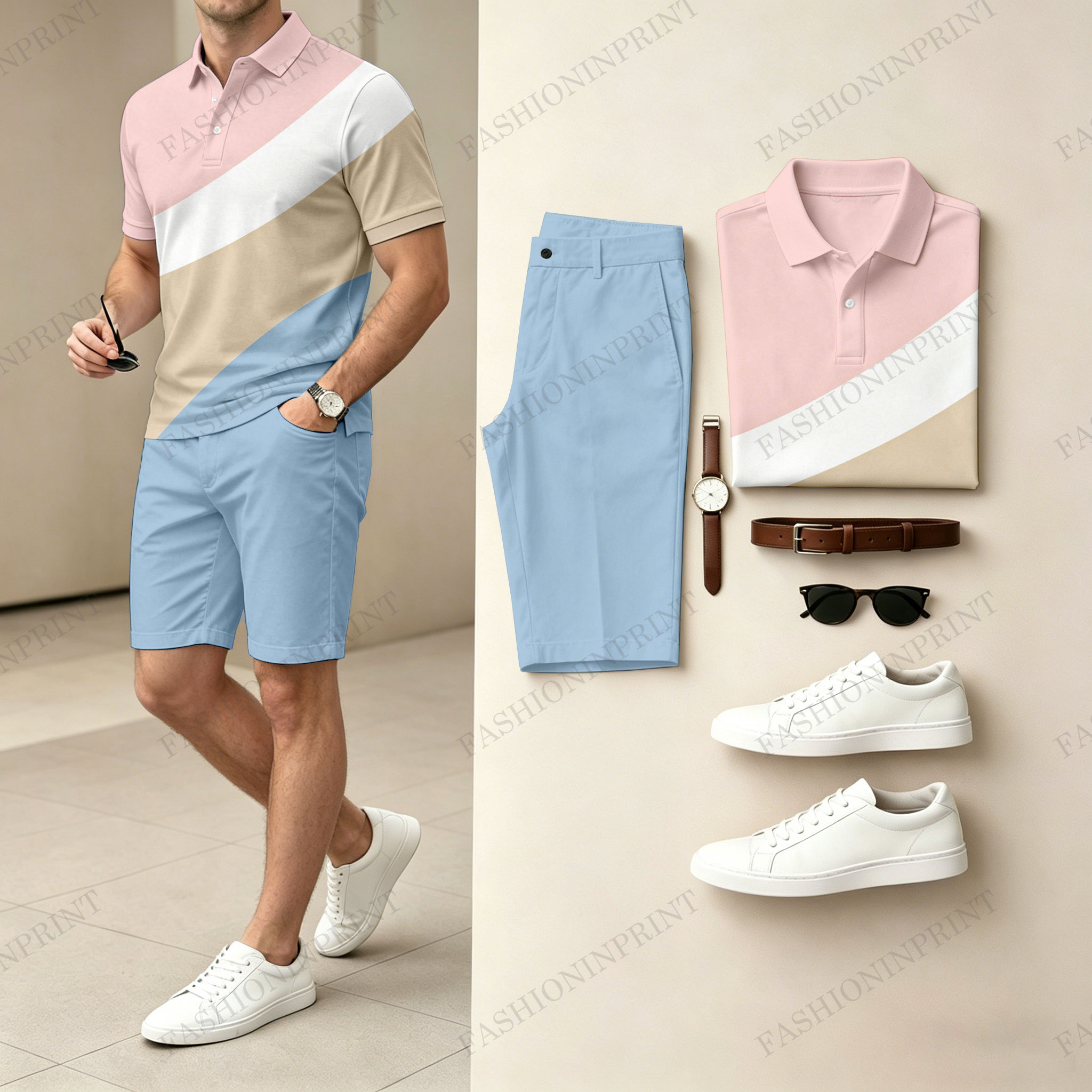 Men's Casual Geometric Color Polo Shirt & Shorts Two-Piece Set