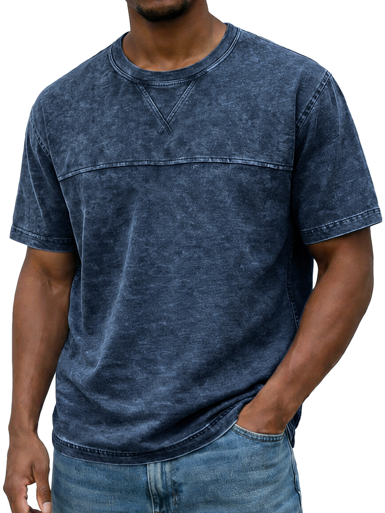 Men's Vintage Round Neck Short-sleeved T-shirt With Contrasting Stitching Design