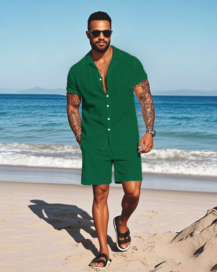 Men's Fashion Casual Lapel Collar Solid Color Short-Sleeved Two-Piece Set