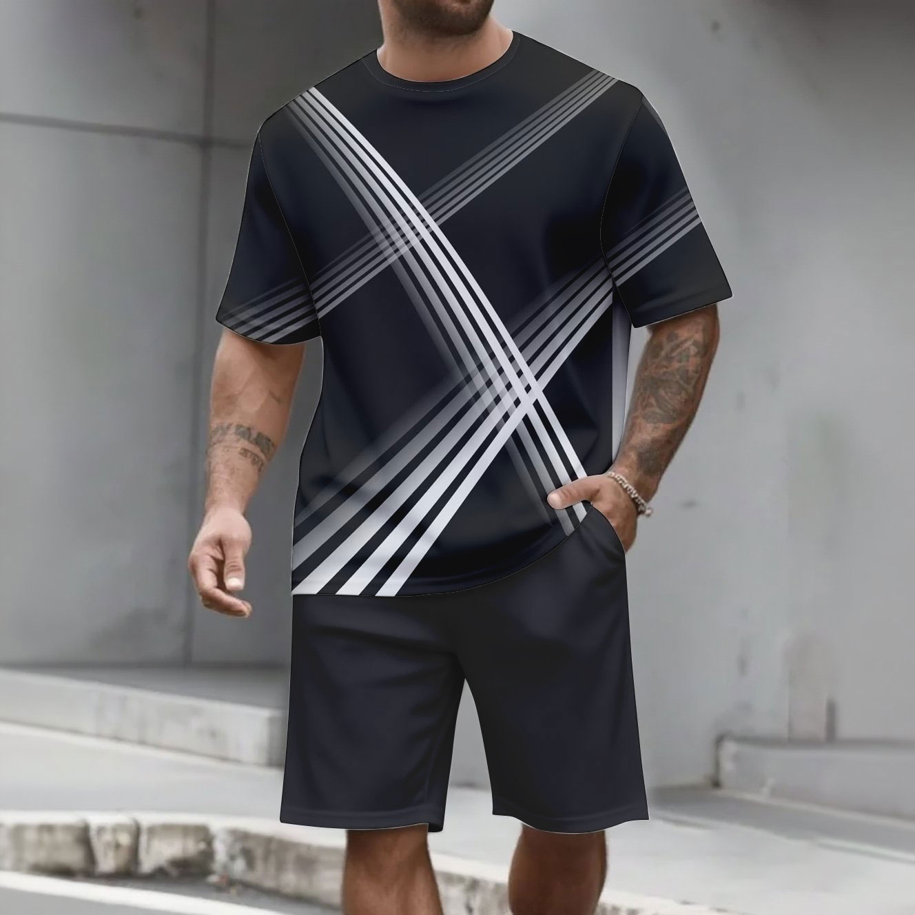 Men's Fashion Casual Color Matching Printed Short-Sleeved Two-Piece Set