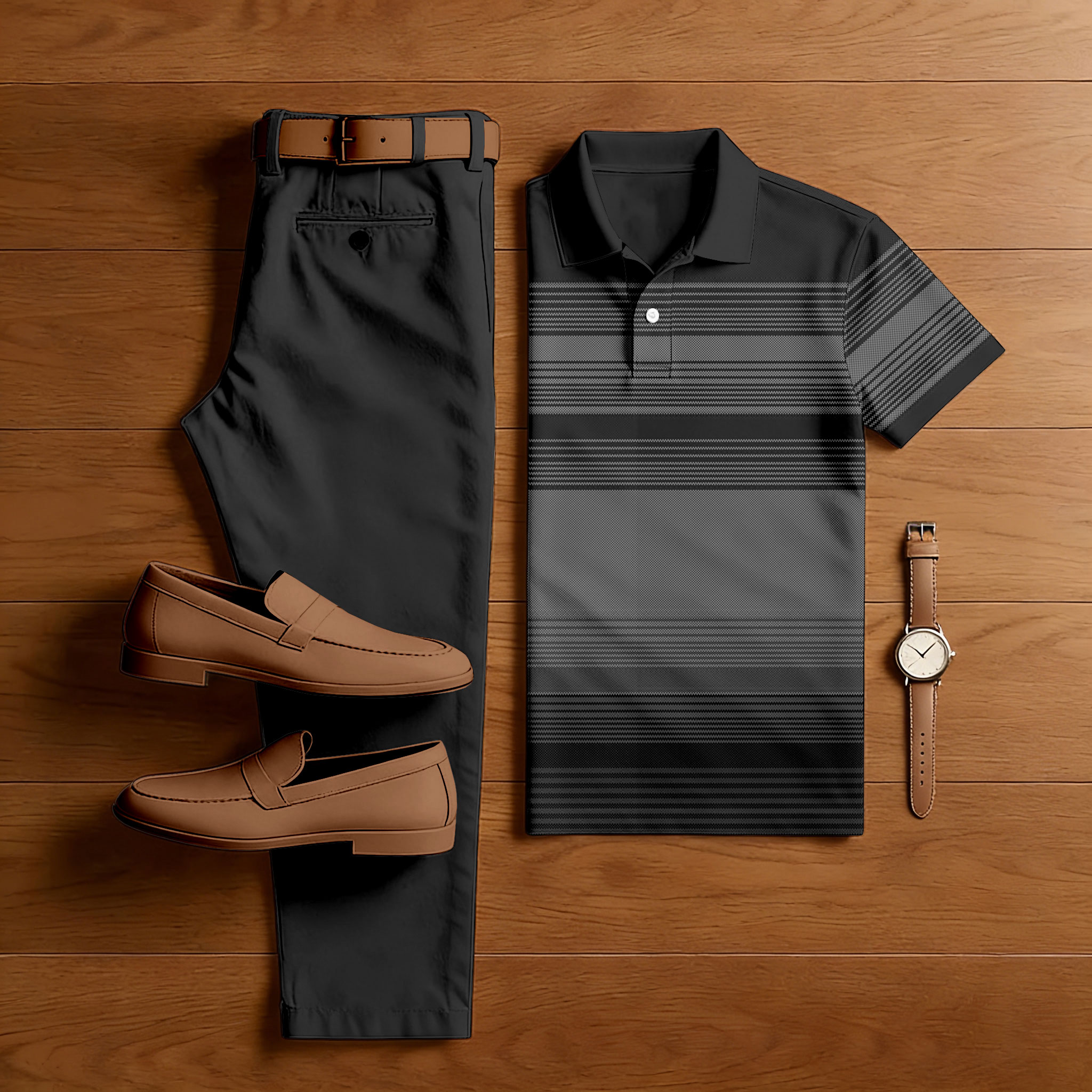 Men's Casual Black & Gray Color Matching Striped Printed Short Sleeved Polo Shirt & Trousers Two-Piece Set