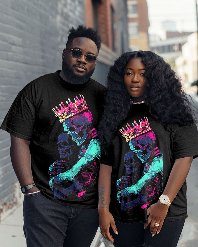 Couple's Plus Size Embrace Skull Print Round Neck Short Sleeve T-Shirt
