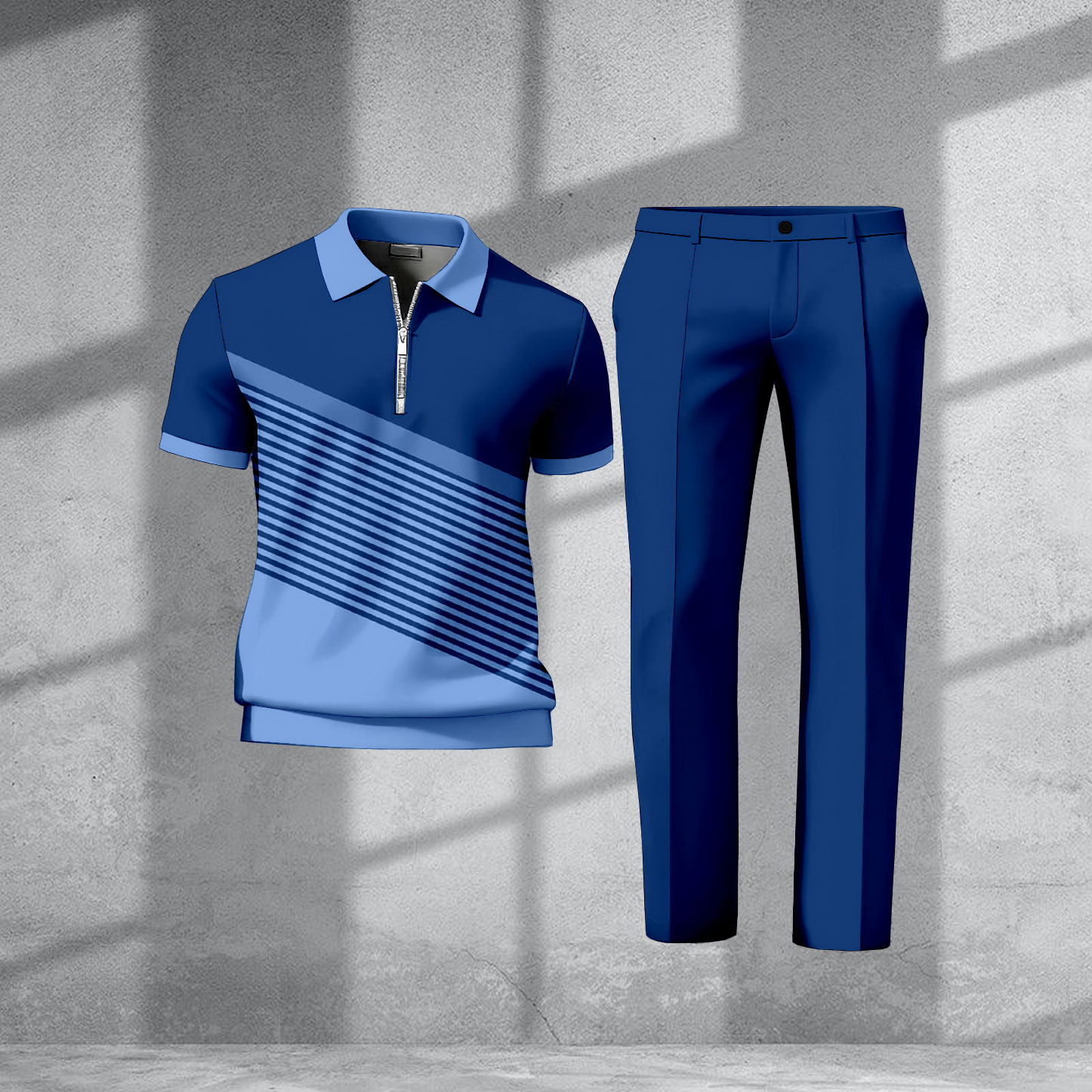 Men's Casual Navy Blue Color Matching Vintage Printed Zipper Short Sleeved Polo Shirt & Trousers Two-Piece Set