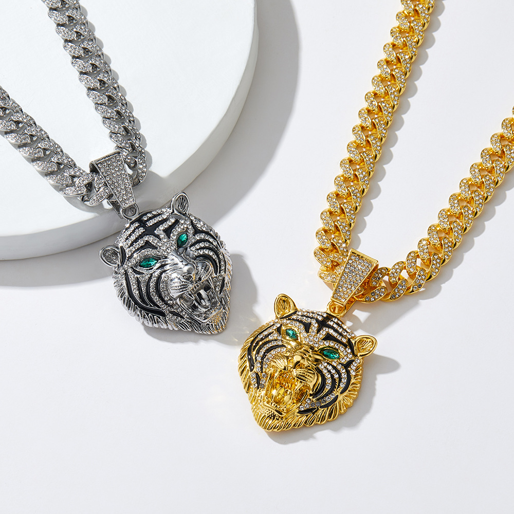 3D Animal Cat Pendant Zinc Alloy Full Diamond Oil Drop Hip Hop Cuban Chain Necklace