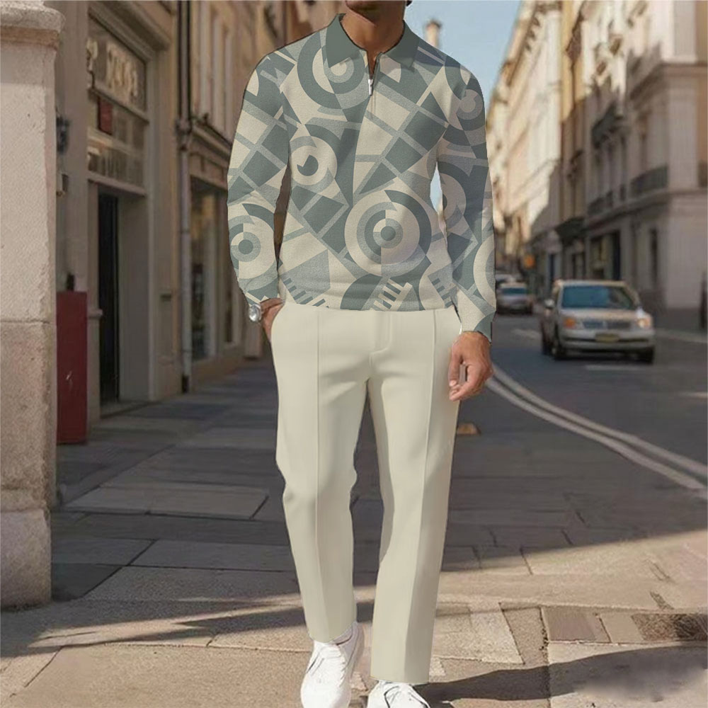 Men's Casual Color Matching Printed Polo-Collar Zipper Long Sleeved Trousers Two-Piece Set 9126