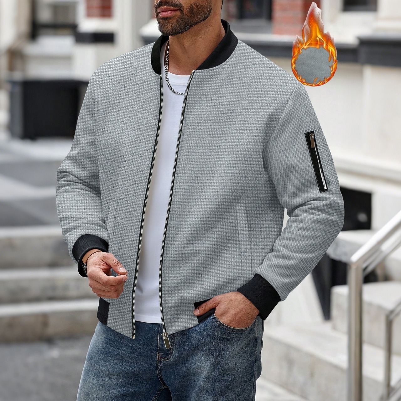 Men's Solid Color Waffle Long Sleeved Jacket