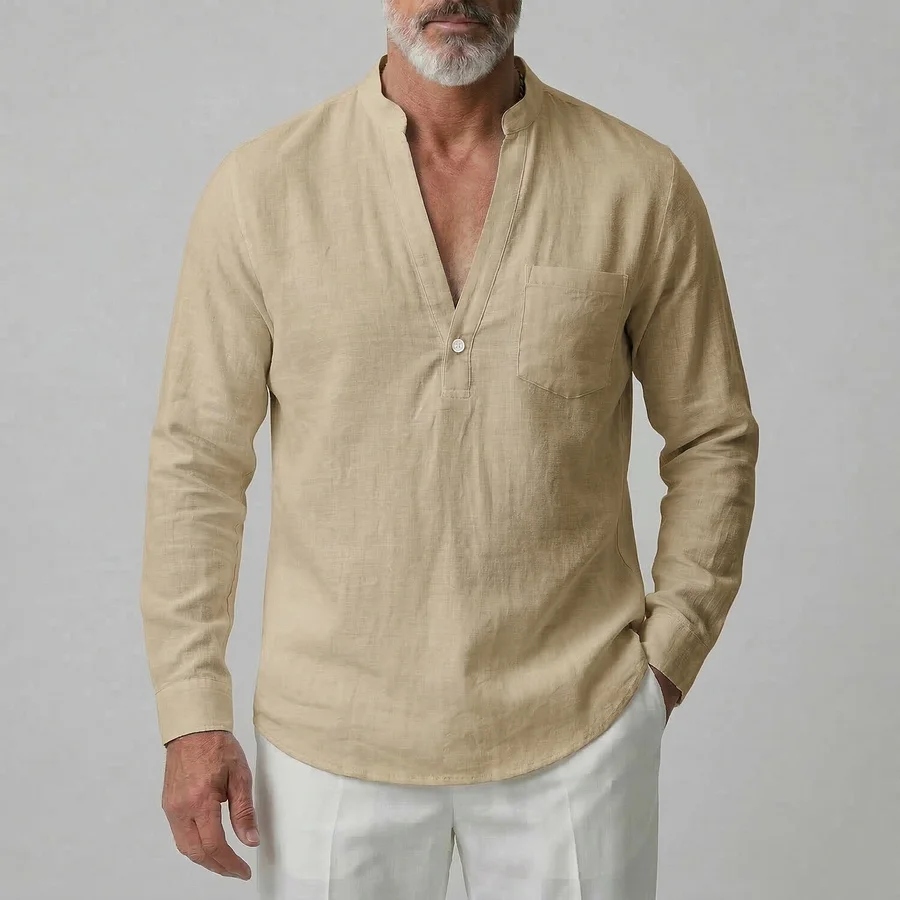Men's Casual Solid V Neck Button Chest Pocket Khaki Long Sleeve Shirt
