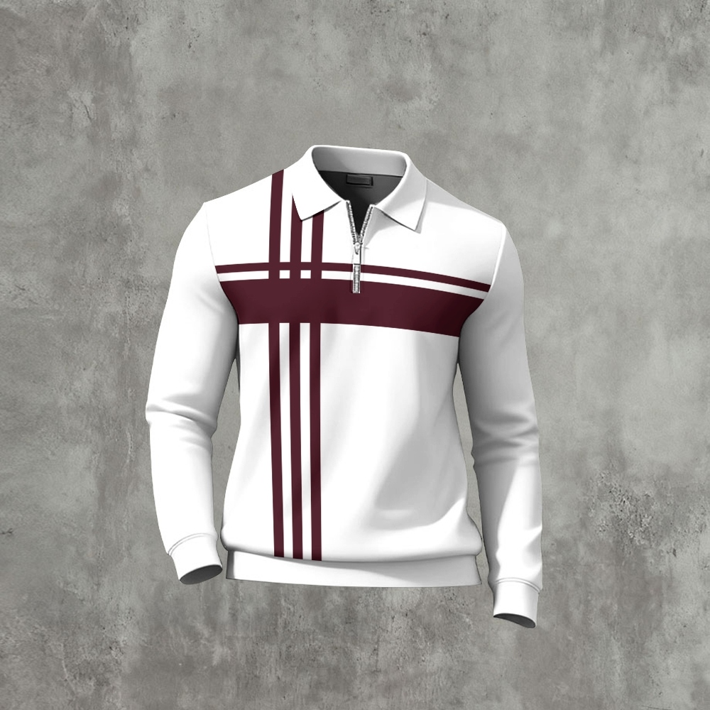 Men's Casual Color Matching Printed Polo-Collar Zipper Long Sleeved Shirt