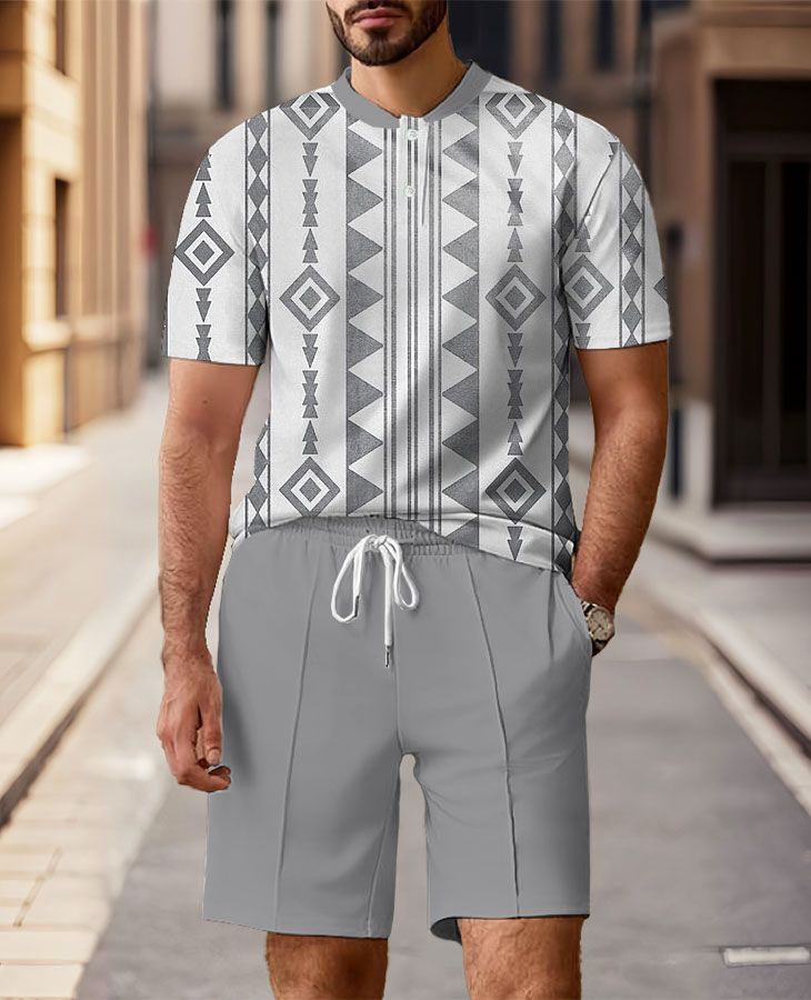 Men's Fashion Casual Round-Neck Geometric Printed Short-Sleeved Two-Piece Set