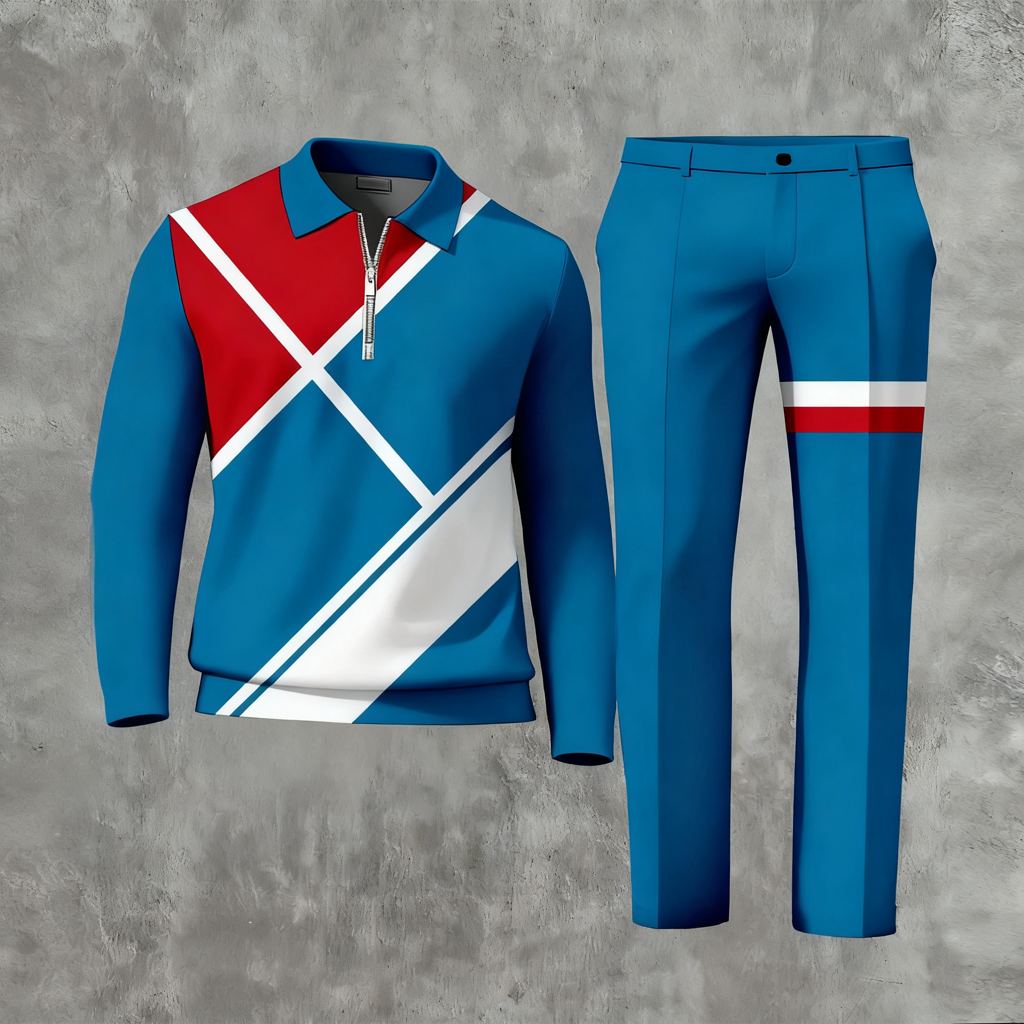 Men's Casual Color Matching Printed Polo-Collar Zipper Long Sleeved Trousers Two-Piece Set