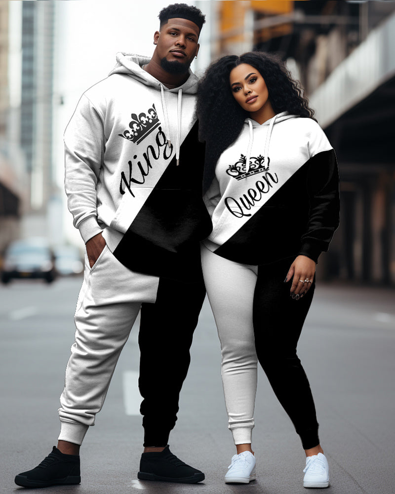 Couple's Large Size Casual Couple Outfit Color Blocked KING QUEEN Hoodie Set