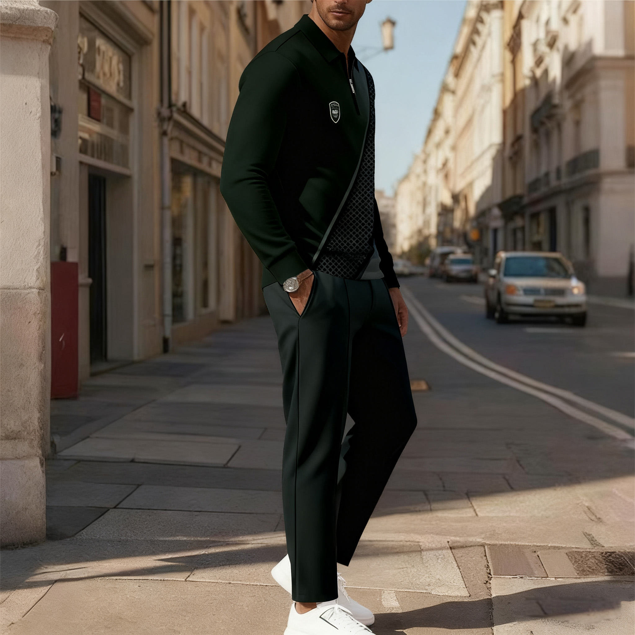 Men's Casual Color Matching Printed Polo-Collar Zipper Long Sleeved Trousers Two-Piece Set 1014