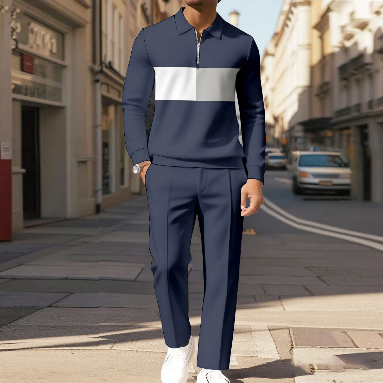 Men's Casual Color Matching Printed Polo-Collar Zipper Long Sleeved Trousers Two-Piece Set