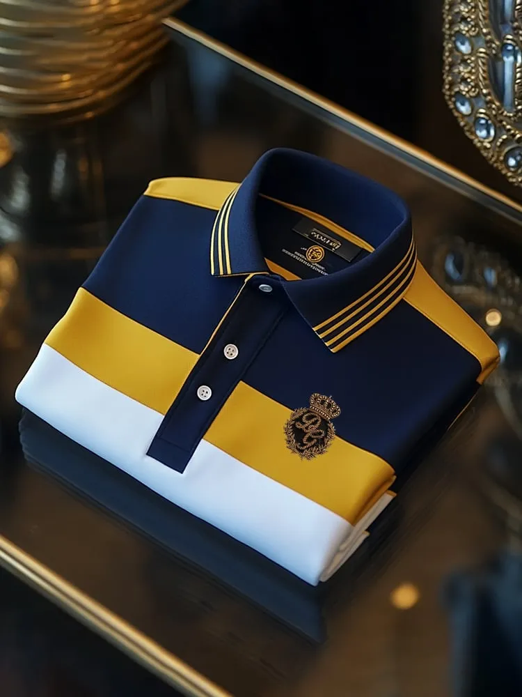 Men's Classic Business Check Logo Button Short Sleeve Polo Shirt