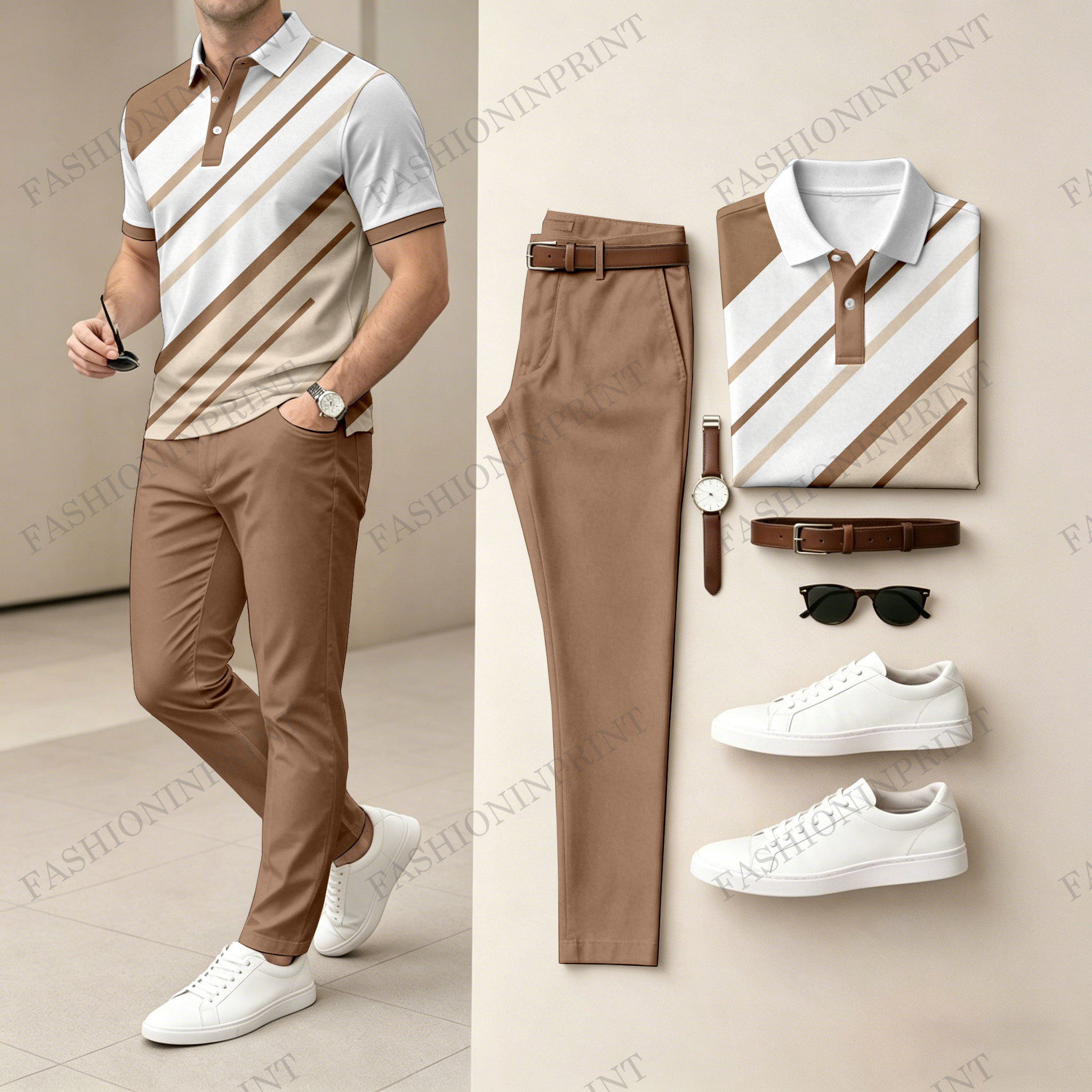 Men's Casual Black & White Twill Printed Polo Shirt And Pants Two-Piece Set