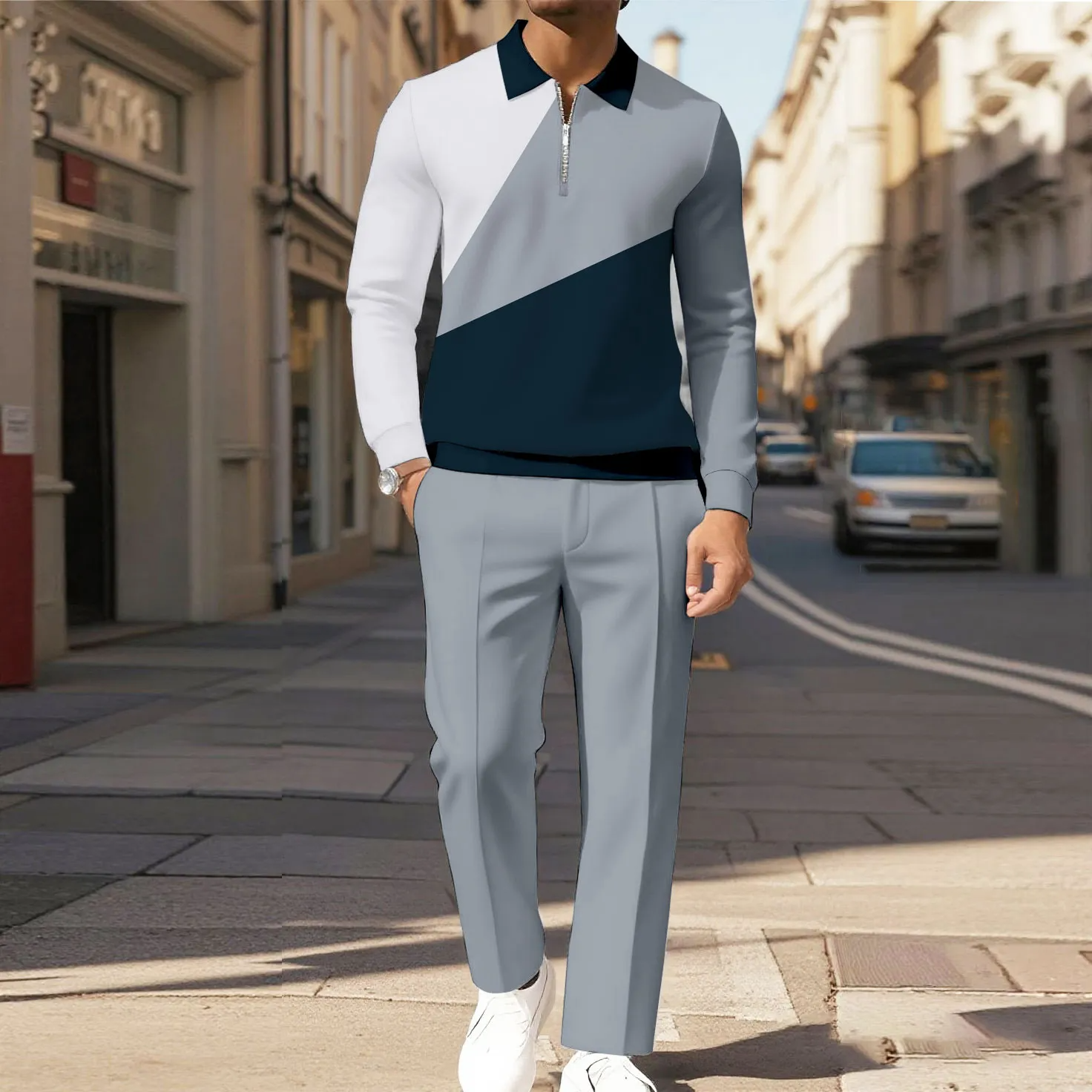 Men's Casual Color Matching Printed Polo-Collar Zipper Long Sleeved Trousers Two-Piece Set