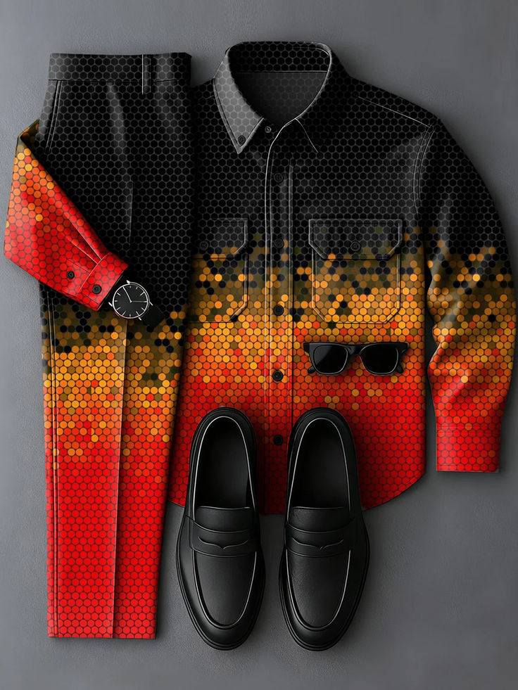 Men's Casual Orange Red & Black Color Matching Gradient Checkered Art Printed Long Sleeved Shirt & Trousers Two-Piece Set