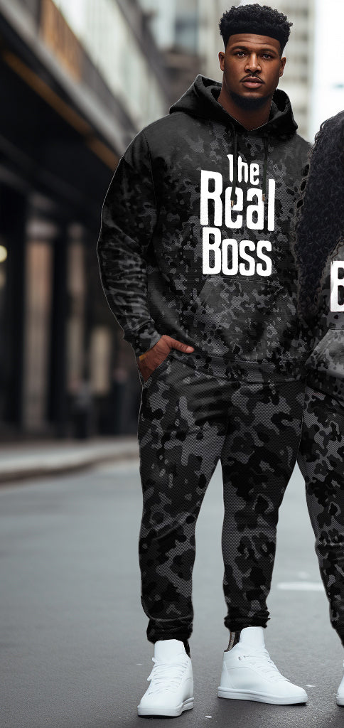 Couple Outfits Big & Tall Real Boss Funny Text Camouflage Hoodie Set
