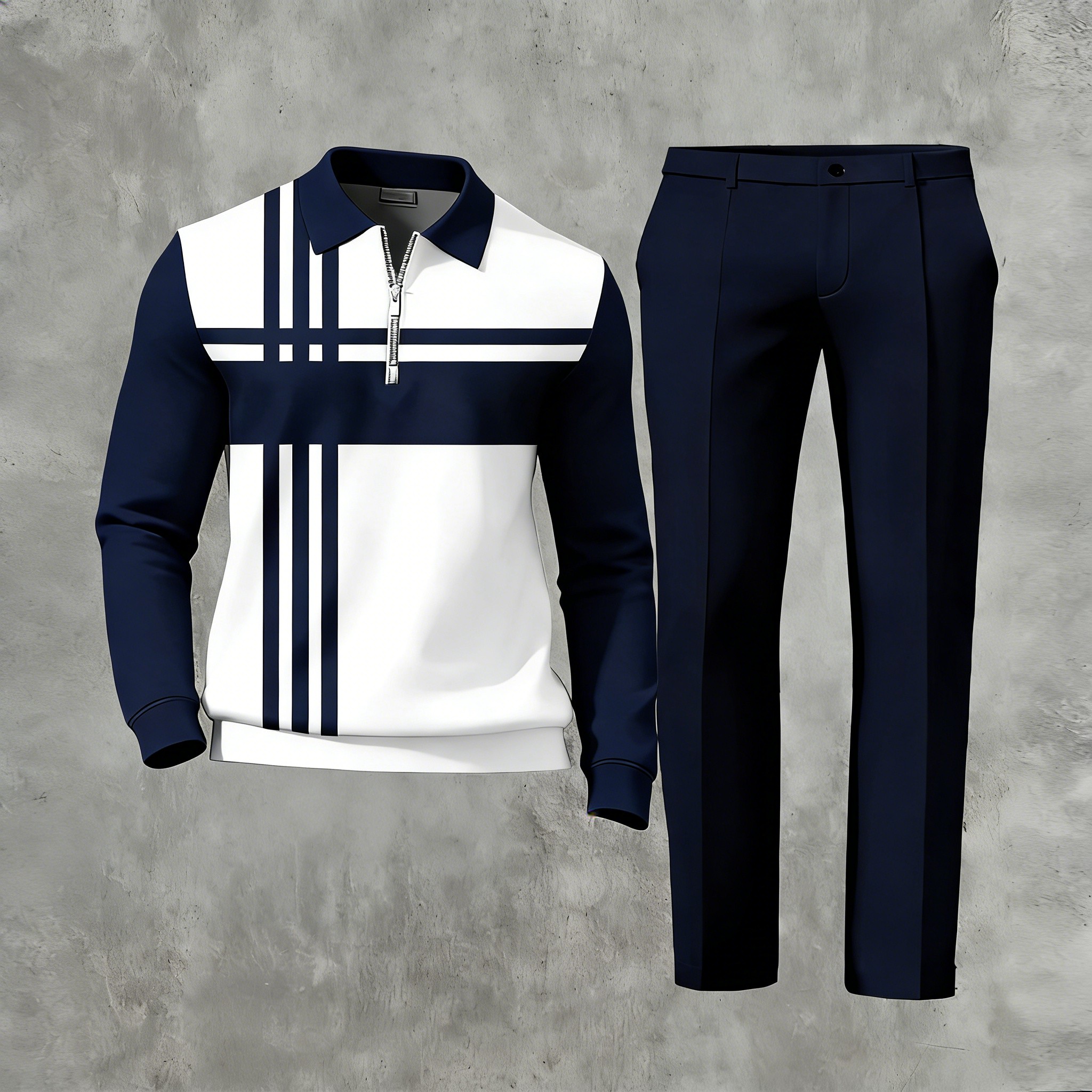 Men's Casual Multi Color Matching Geometric Printed Zipper Long Sleeved Polo Shirt & Trousers Two-Piece Set