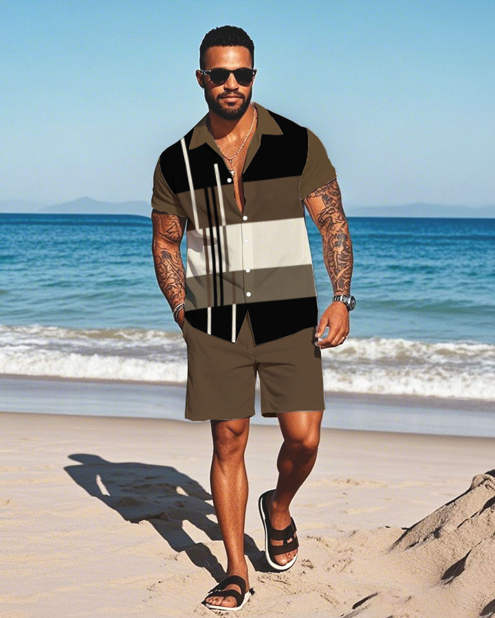 Men's Fashion Casual Lapel Collar Geometric Printed Short-Sleeved Two-Piece Set