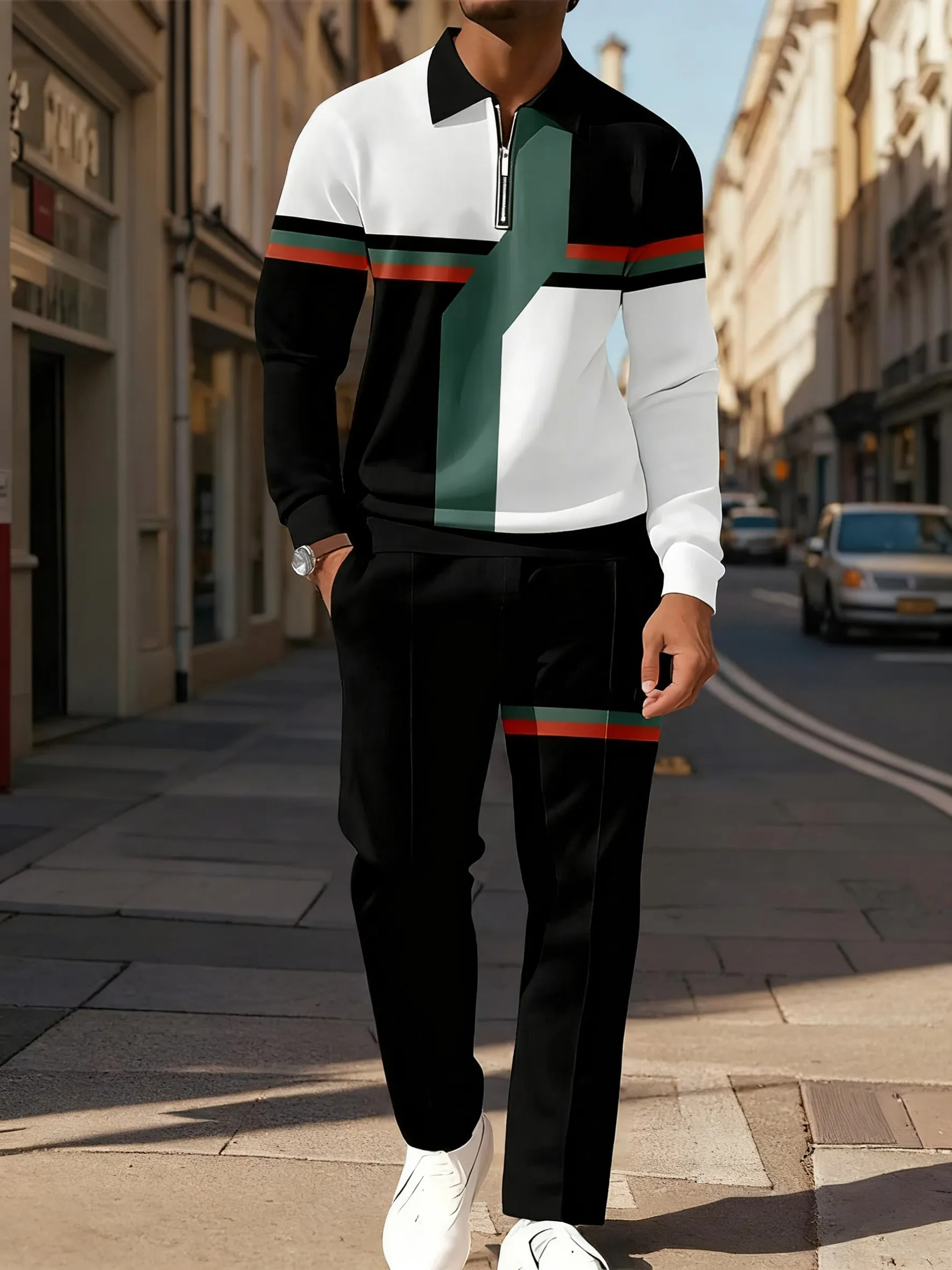 Men's Casual Colorblock Personalized Long Sleeve Polo Shirt Set  00118297