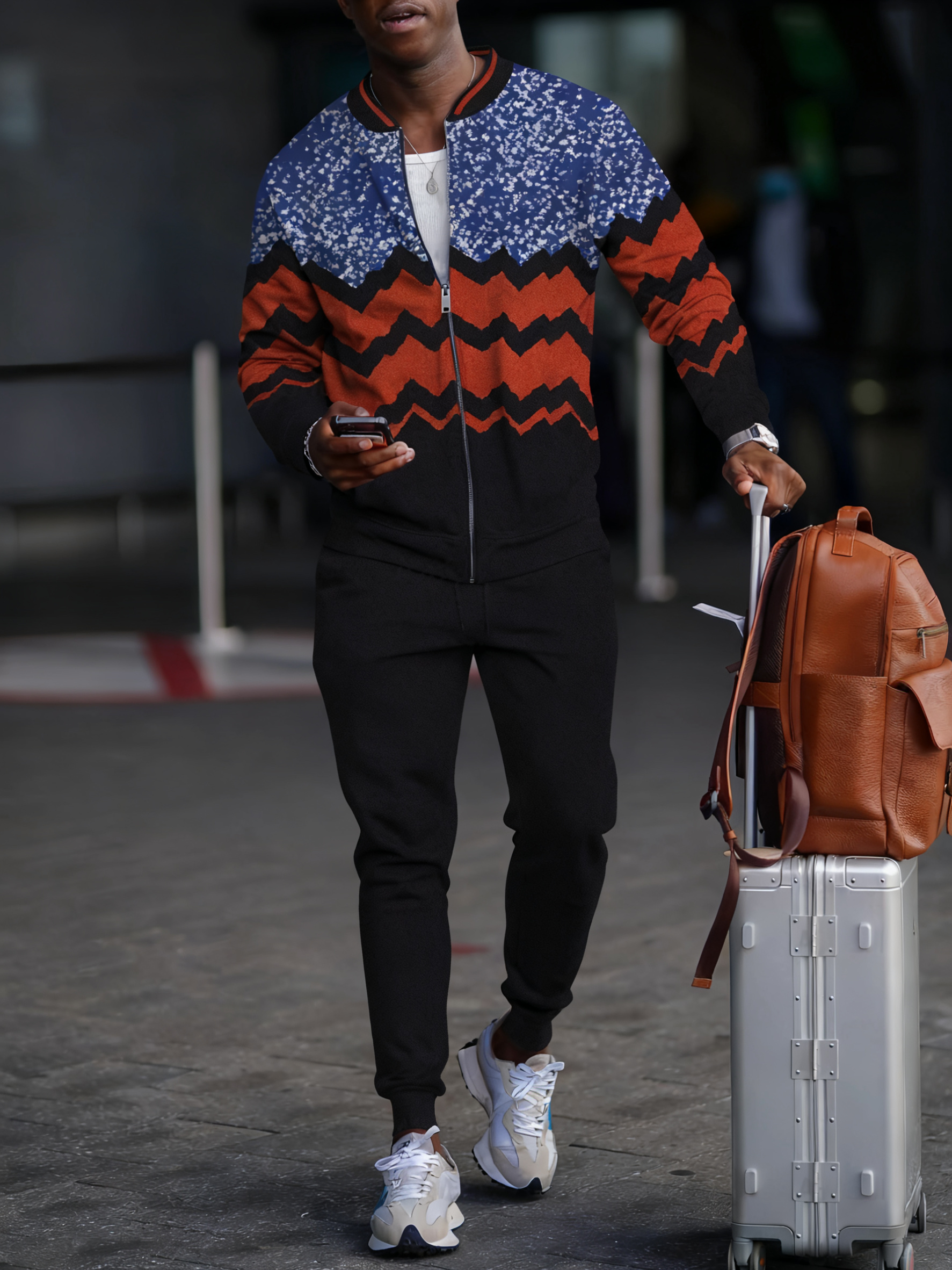 Men's fashion casual geometric print zipper jacket set