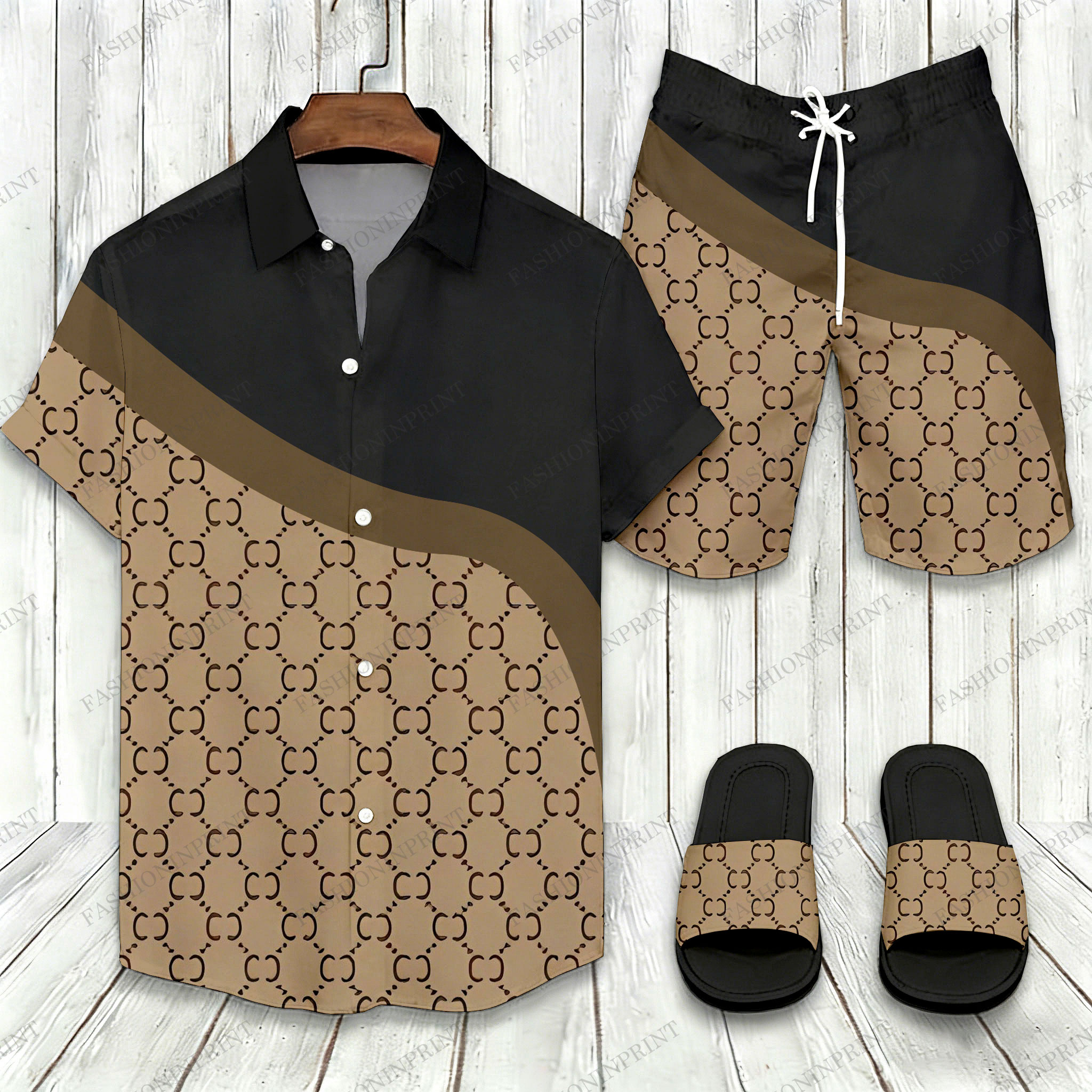 Men's Casual Black & Brown Color Matching Retro Style Patchwork Print Short-Sleeve Shirt & Shorts & Slippers Three - Piece Set