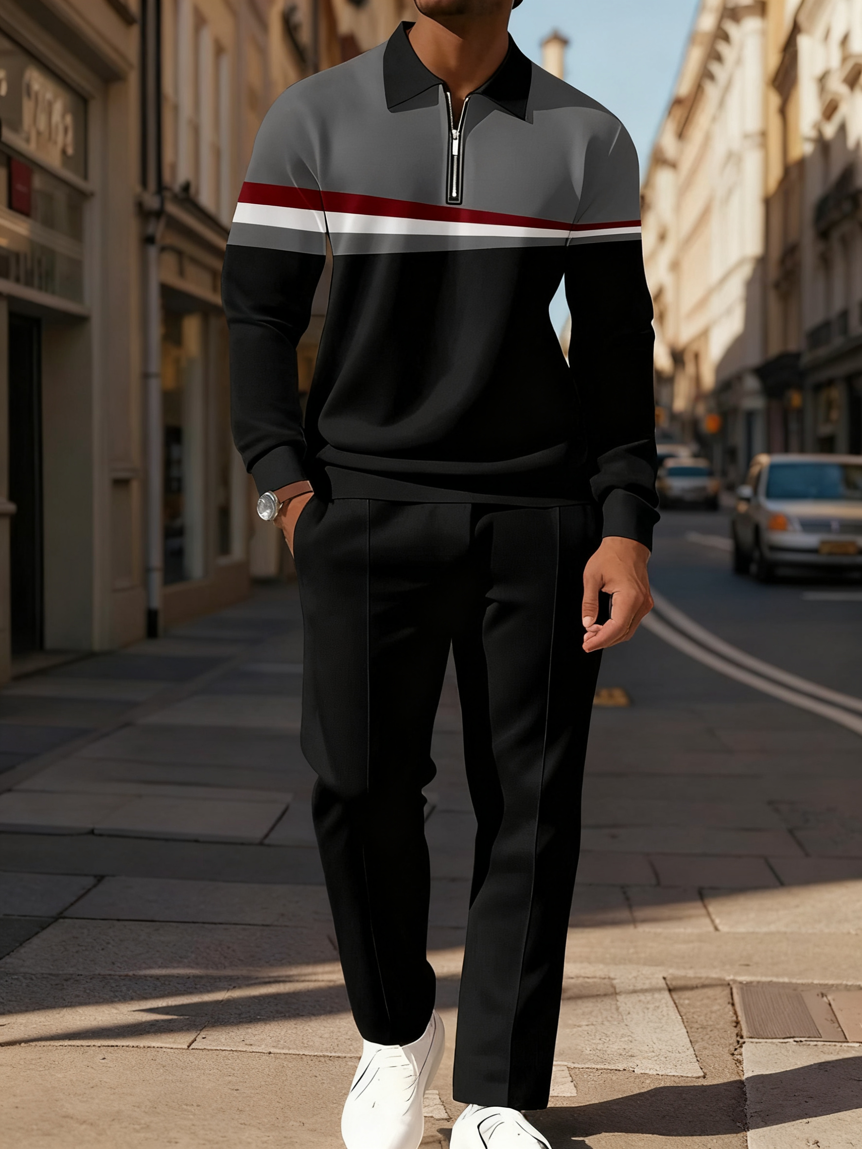 Men's Casual Colorblock Personalized Long Sleeve Polo Shirt Set  0010