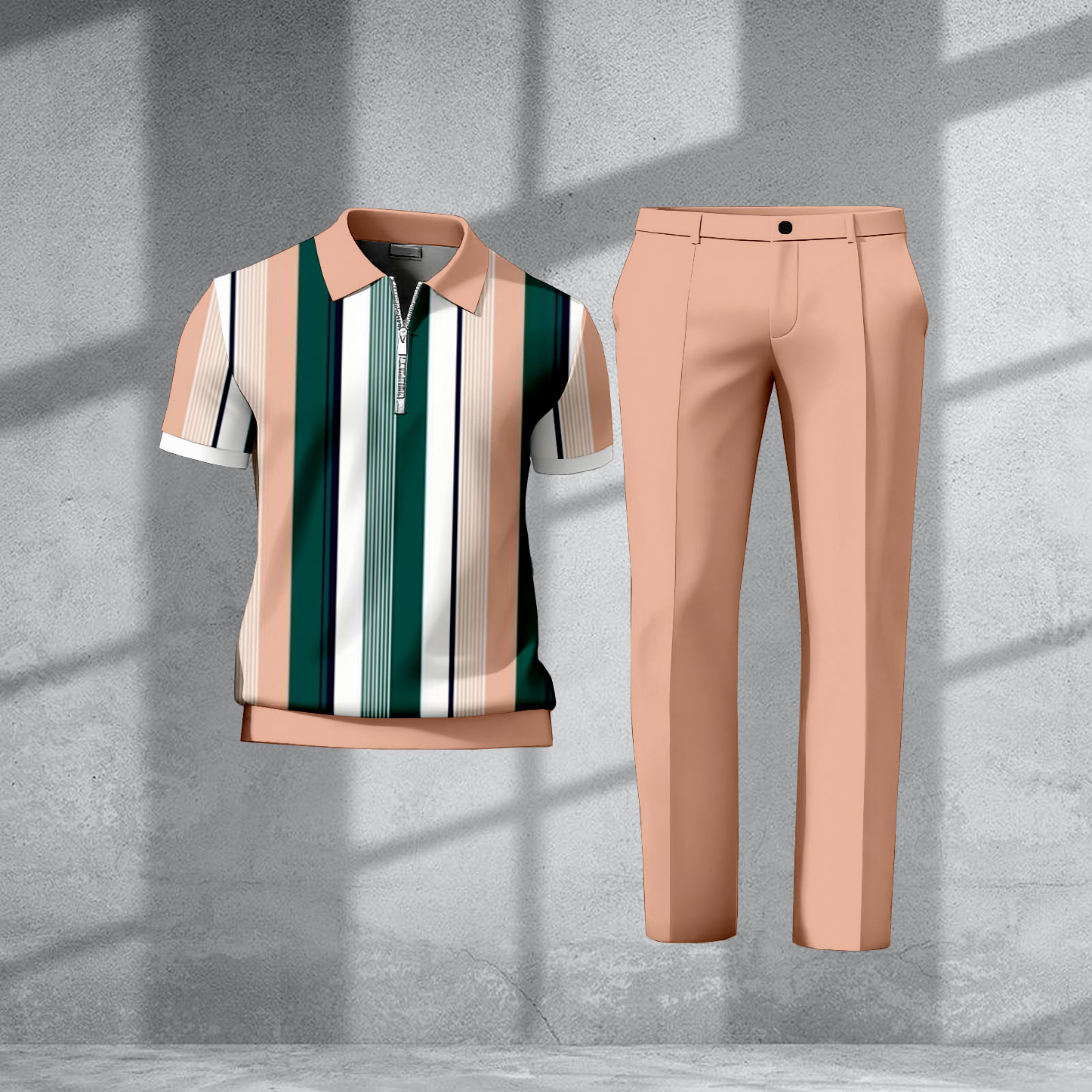 Men's Casual Pink & Green Color Matching Striped Printed Short Sleeved Zipper Polo Shirt & Trousers Two-Piece Set