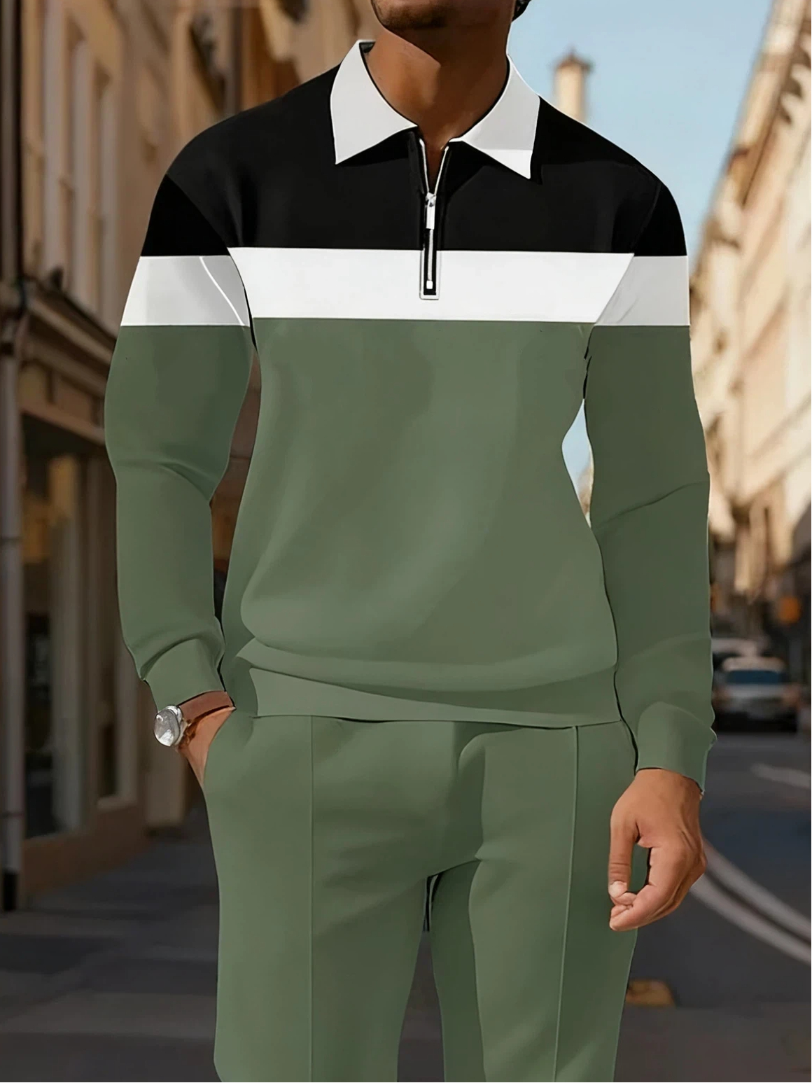 Men's Simple Black Green White Stripes King Printed POLO Long-sleeved Trousers Two-piece Set
